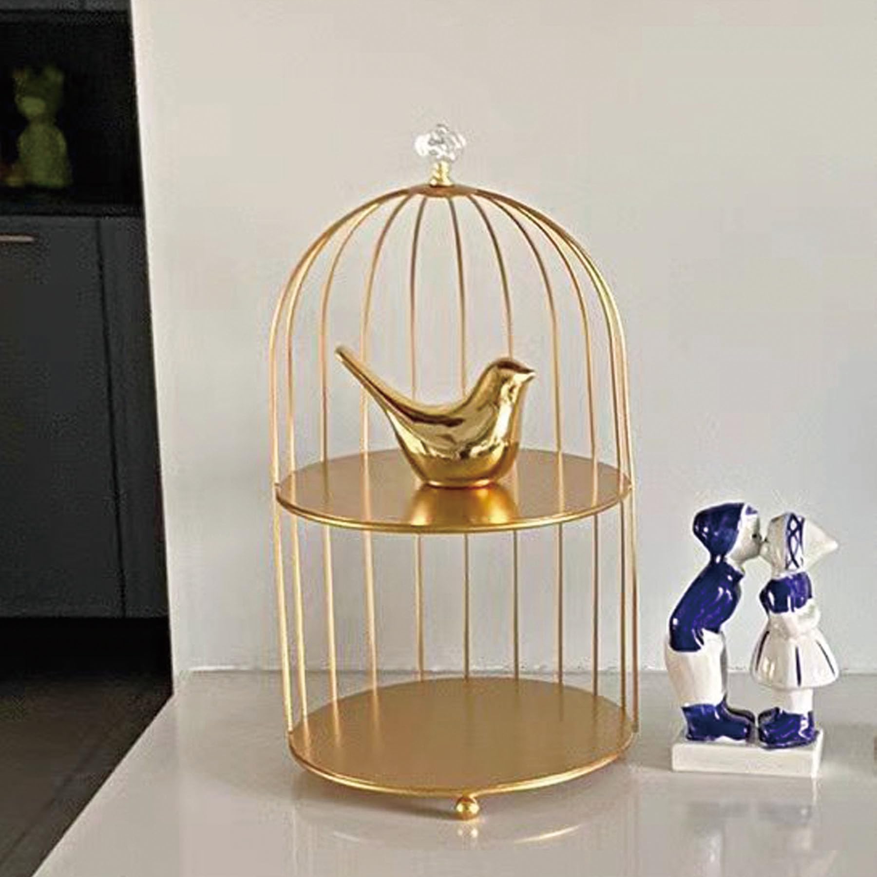 Lot de 2 statues d'oiseaux en céramique, sculptures modernes pour jardin, maison, bureau (Or)