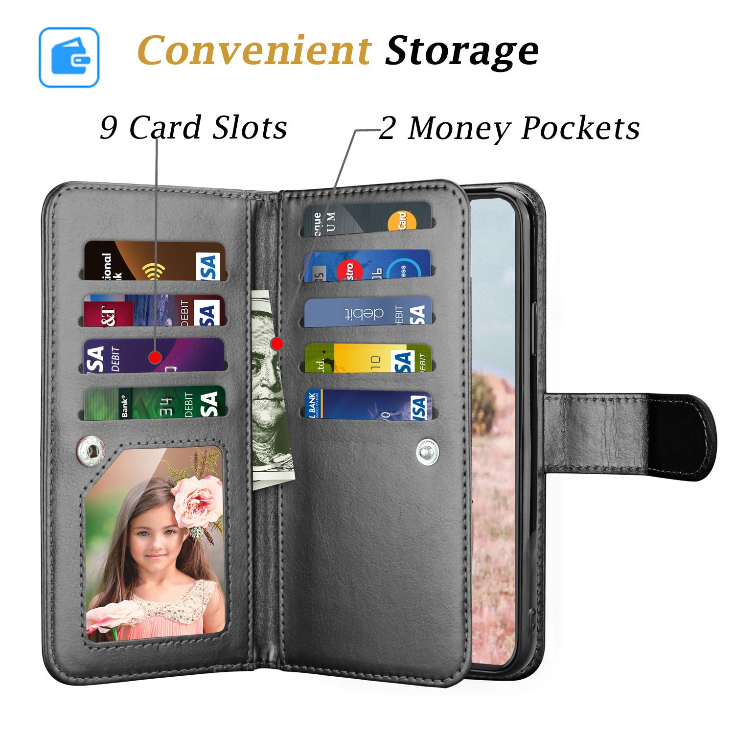 Takfox Wallet Case for iPhone 11, iPhone 11 6.1 Leather Wallet Case with ID Credit Card Holder Slots Folio Flip Kickstand Detachable Magnetic Phone Case & Carrying Wrist Strap for iPhone 11-Black