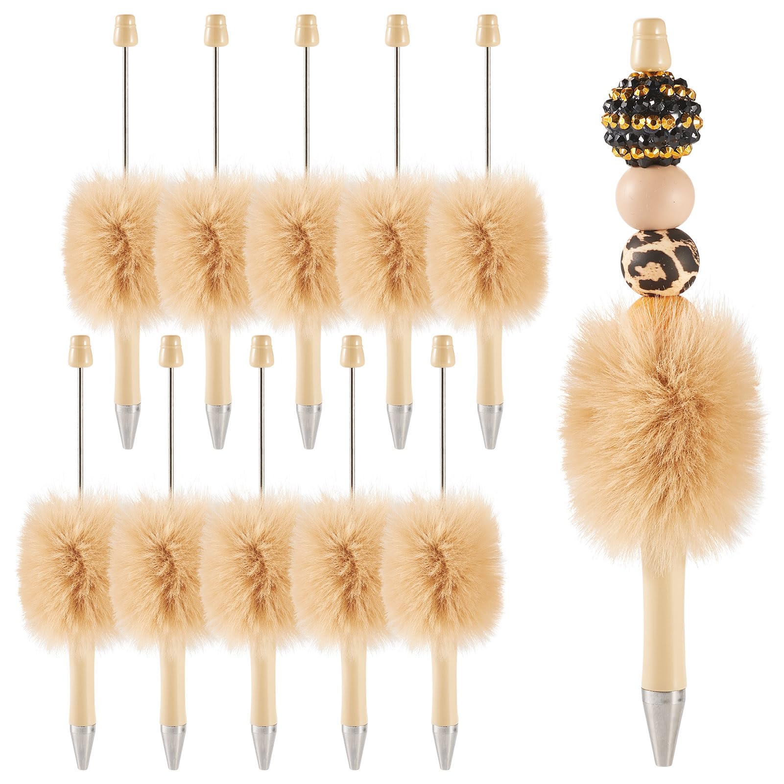 KISSITTY Fluffy Beaded Pens 10pcs Pom Pom Bead Ball Point Pens Light Brown DIY Personalized Bead Pens with Black Ink for Pen Making Teacher Wedding