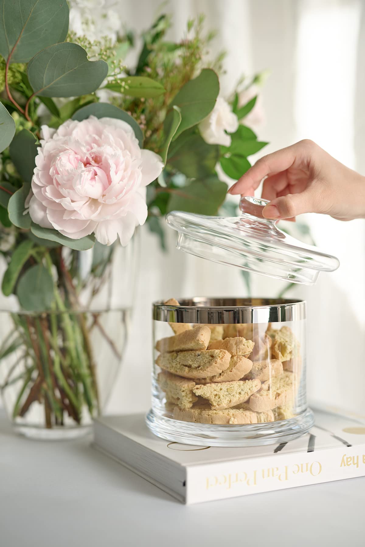 EDZARD Caja de dulces Erik, altura 16 cm, cristal soplado con borde de platino, lata de galletas, tazón de caramelos