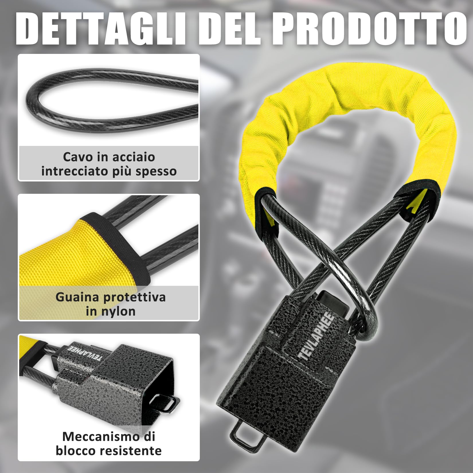 Tevlaphee Blocca Sterzo Automobile Antifurto Testa in Metallo Universale 3 Chiavi Giallo
