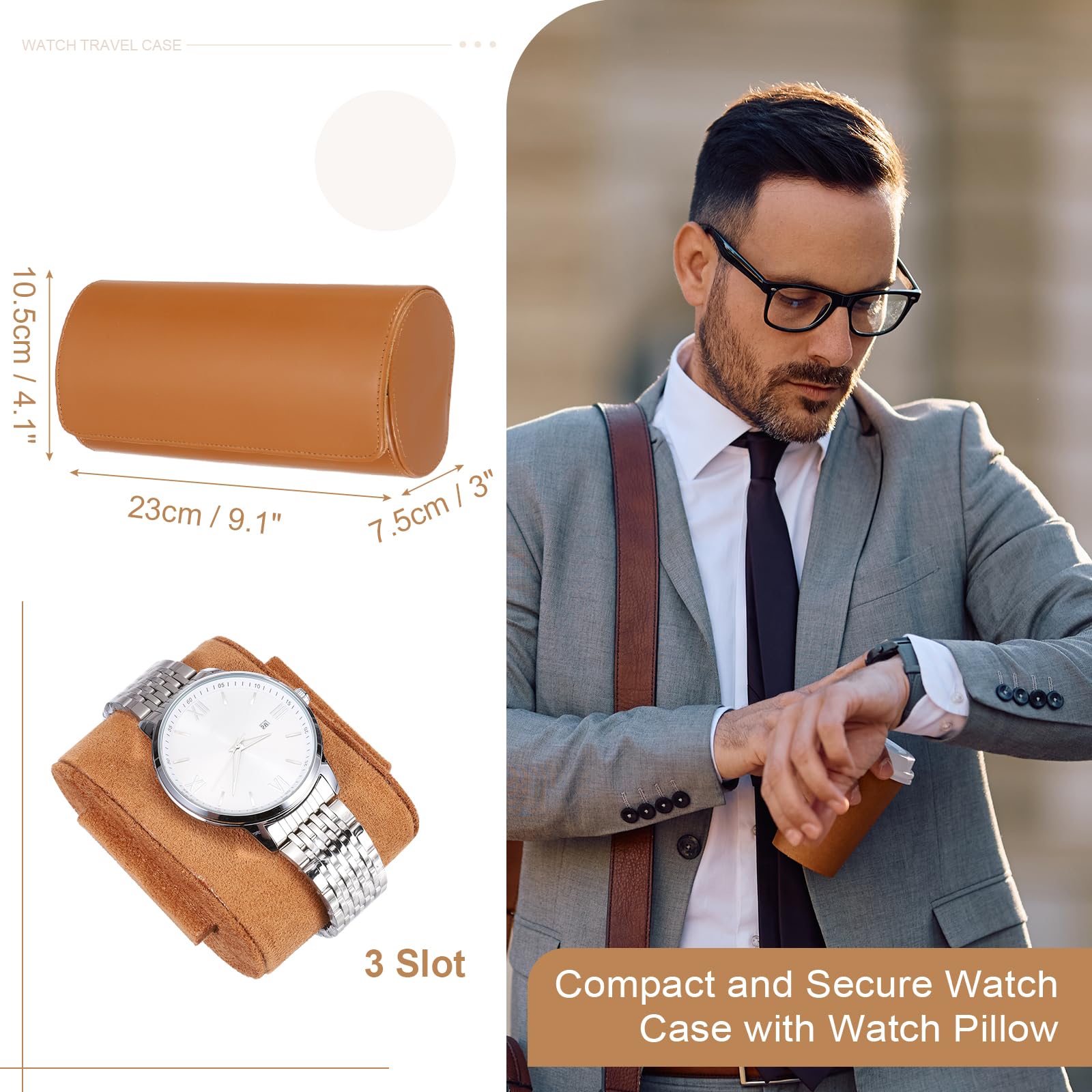 Custodia da viaggio per orologio da uomo in pelle, astuccio arrotolabile per orologio, scatola portaoggetti portatile per orologio, ideale per Natale, compleanno e anniversario, con 3 scomparti (mar