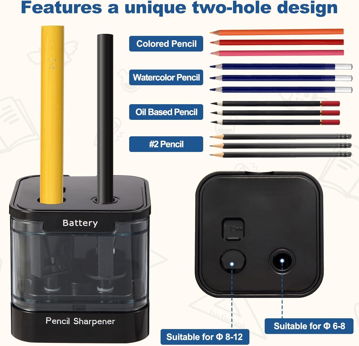 Image secondaire de Taille Crayon Électrique Noir avec Réservoir pour Enfants - Double Alimentation USB et Piles