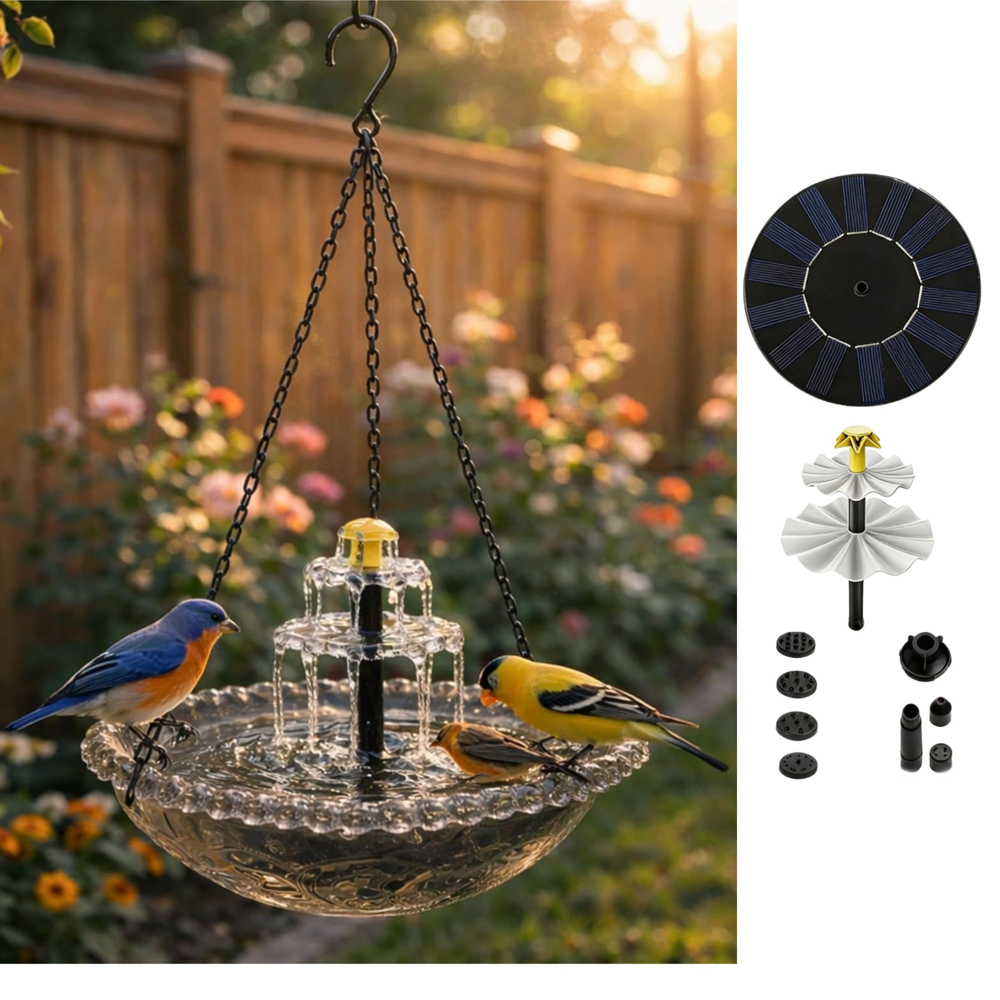 Solar Cascade Hanging Bird Bath Fountain - 9 Water Outlets for Soothing Stream Sound - Solar Powered Birdbath with 12" Large Bowl for Outdoor Garden Yard Decor & Hummingbird Attraction (Blue) — view 11
