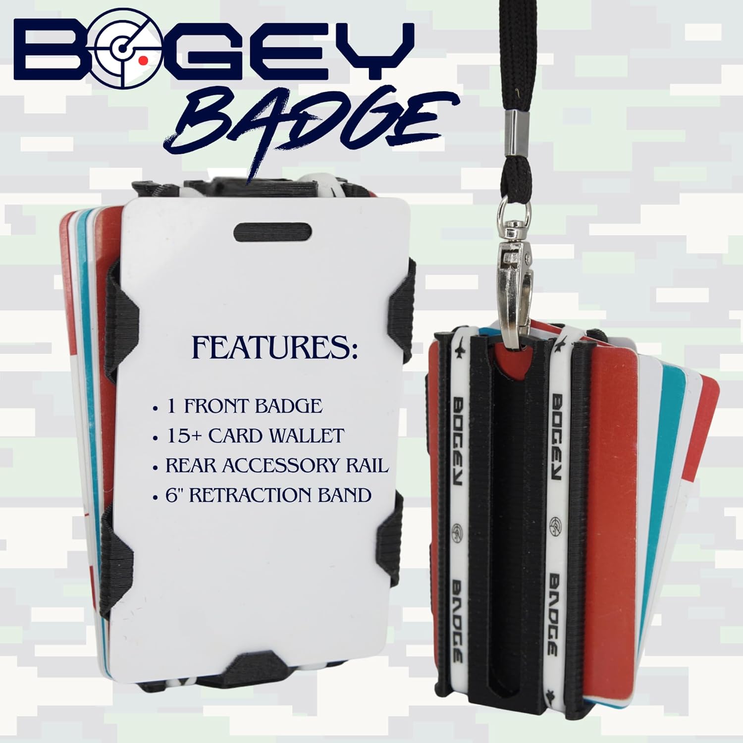 Badge Holder with Card Storage (1-15 Cards) + Retractable Extension (fits up to 3 Bogey Rail Accessories) (Black)