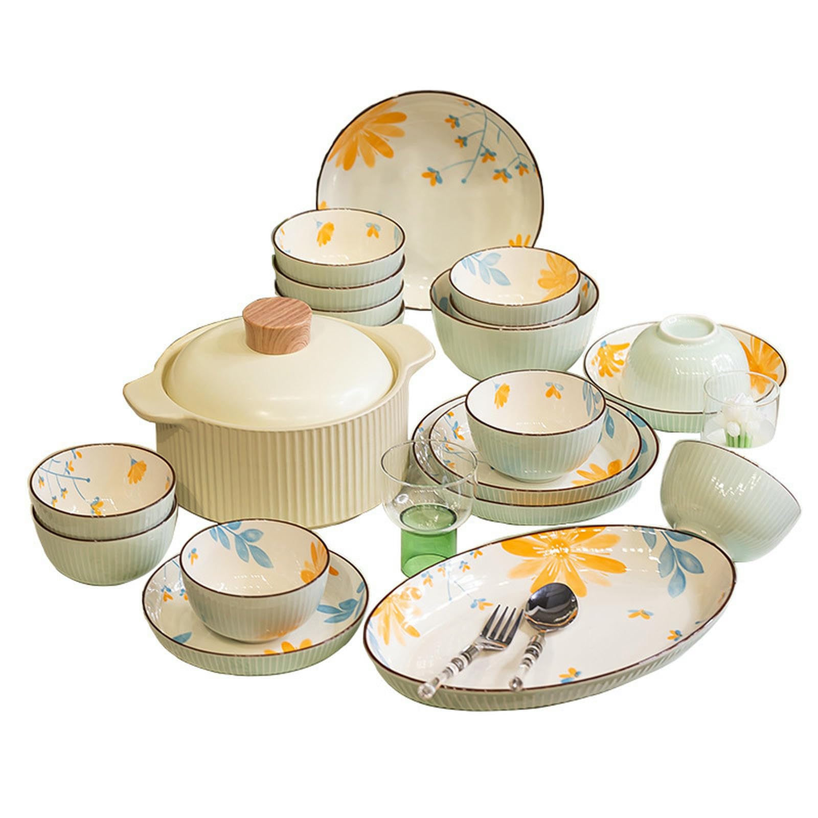 Ceramiczne pasterskie naczynia na kwiaty japońskie domowe kreatywna zastawa stołowa-Chunxi-16 sztuk dla 4 osób [Lite]