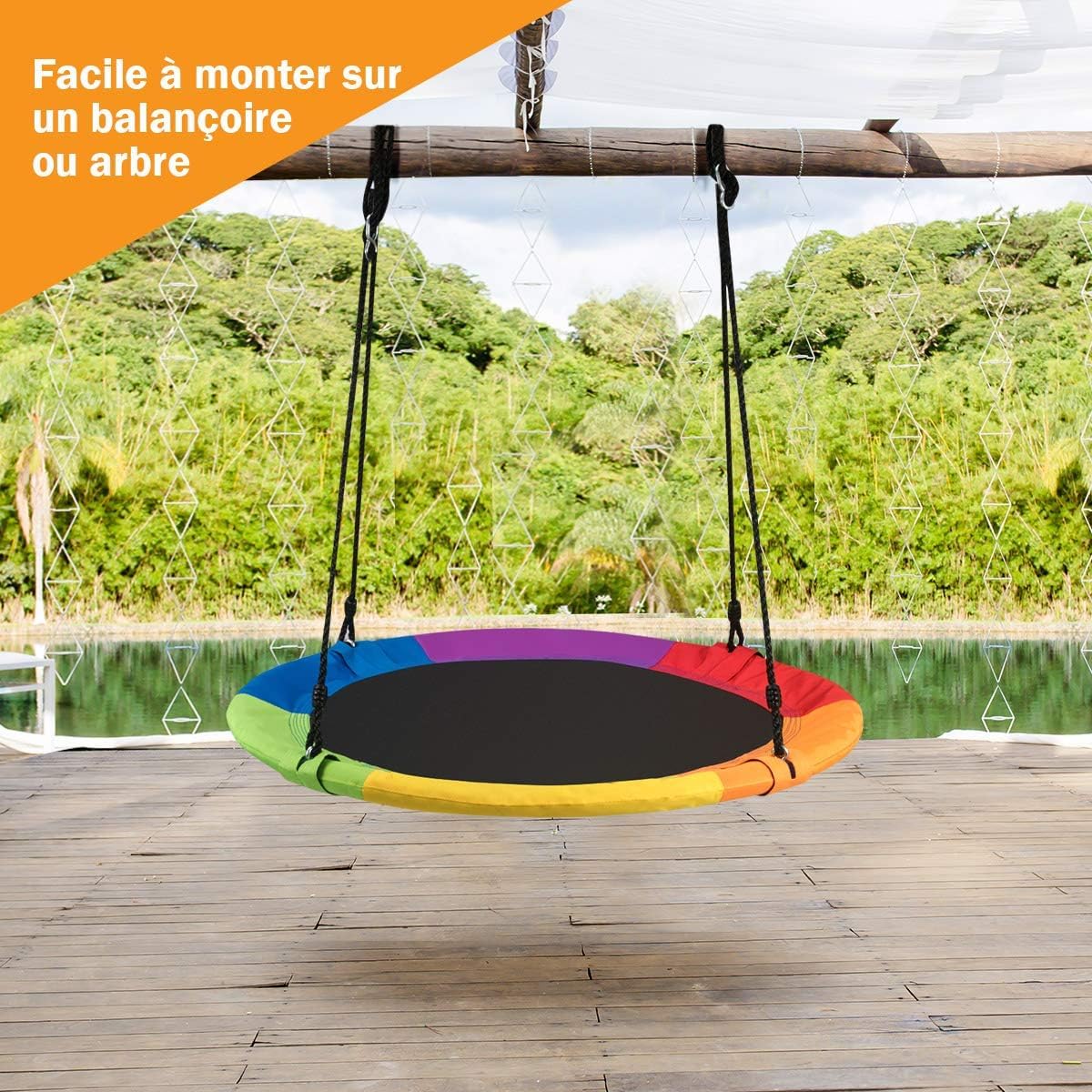 COSTWAY Balançoire Nid d'Oiseau Ø 100cm Enfants avec Cordes Réglables (100-180cm), Balançoire Soucoupe en Tissu Oxford Intérieur Extérieur, Charge 150kg pour Enfants et Adultes