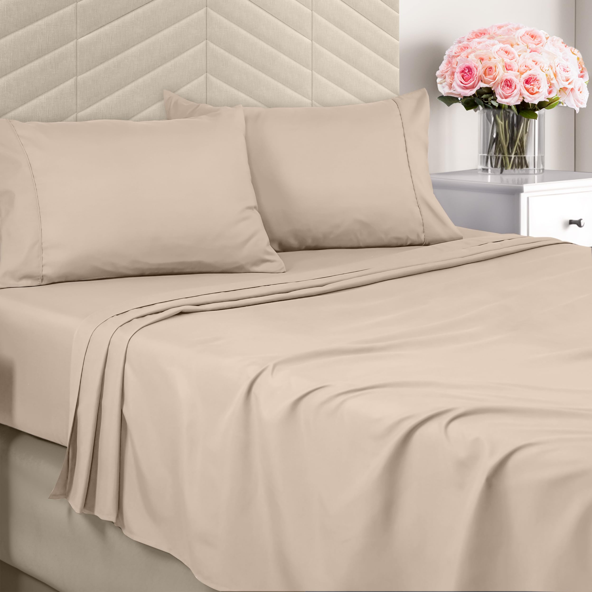 Bedding Full Sheet Set - Brushed Microfiber - Soft Bed Sheets for Full Size Bed - Includes 1 Fitted, 1 Flat, & 2 Pillow Cases - Deep Pocket (Beige)