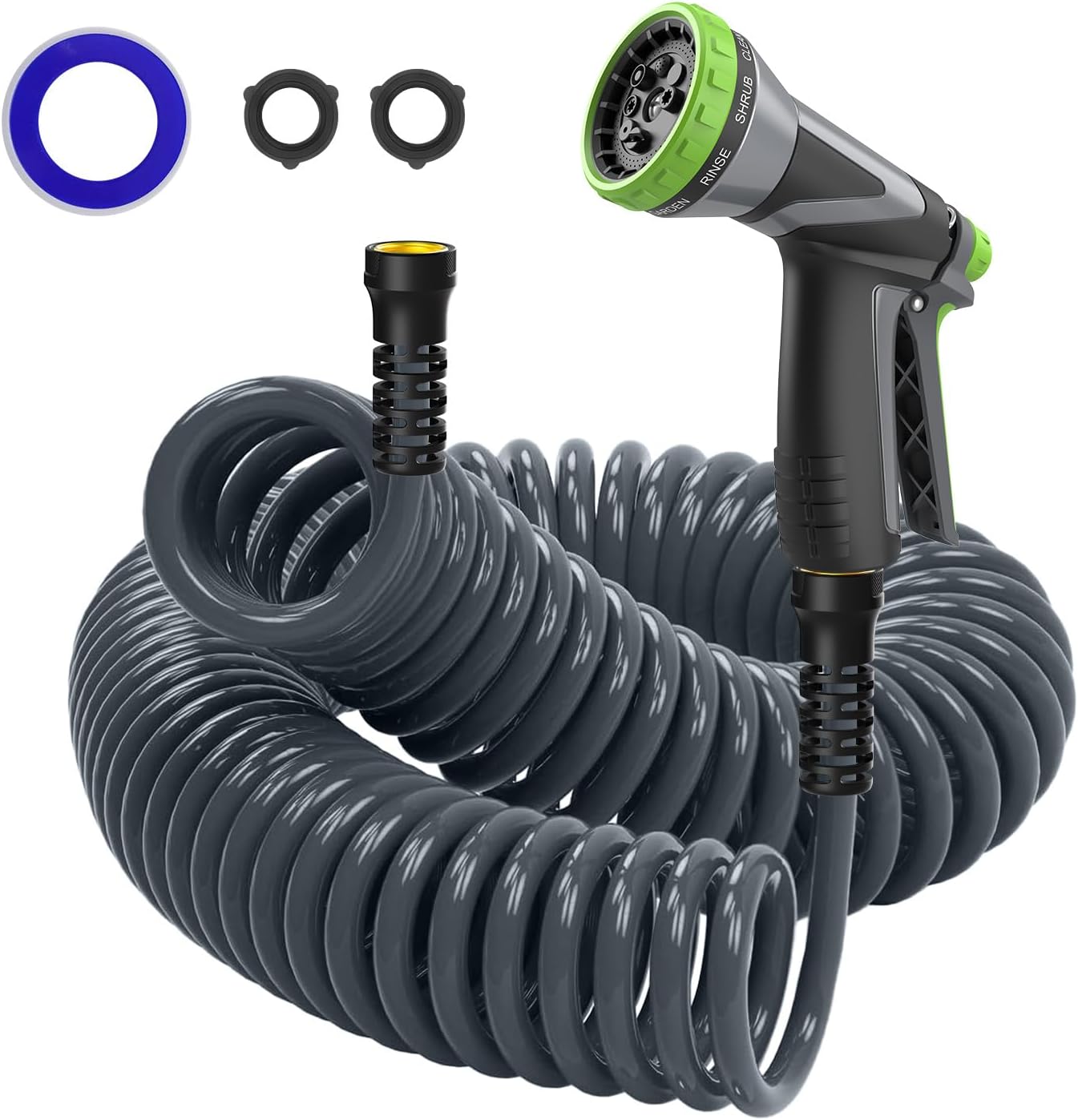 Manguera de bobina, manguera de jardín de bobina EVA de 38 pulgadas de 25 pies, manguera de agua rizada ligera con conectores de metal y mango