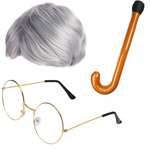 Beefunny Peluca y lentes de anciano, accesorios de disfraz de abuelo, bastón inflable para caminar, kit de inicio de 100 días de escuela (plateado)