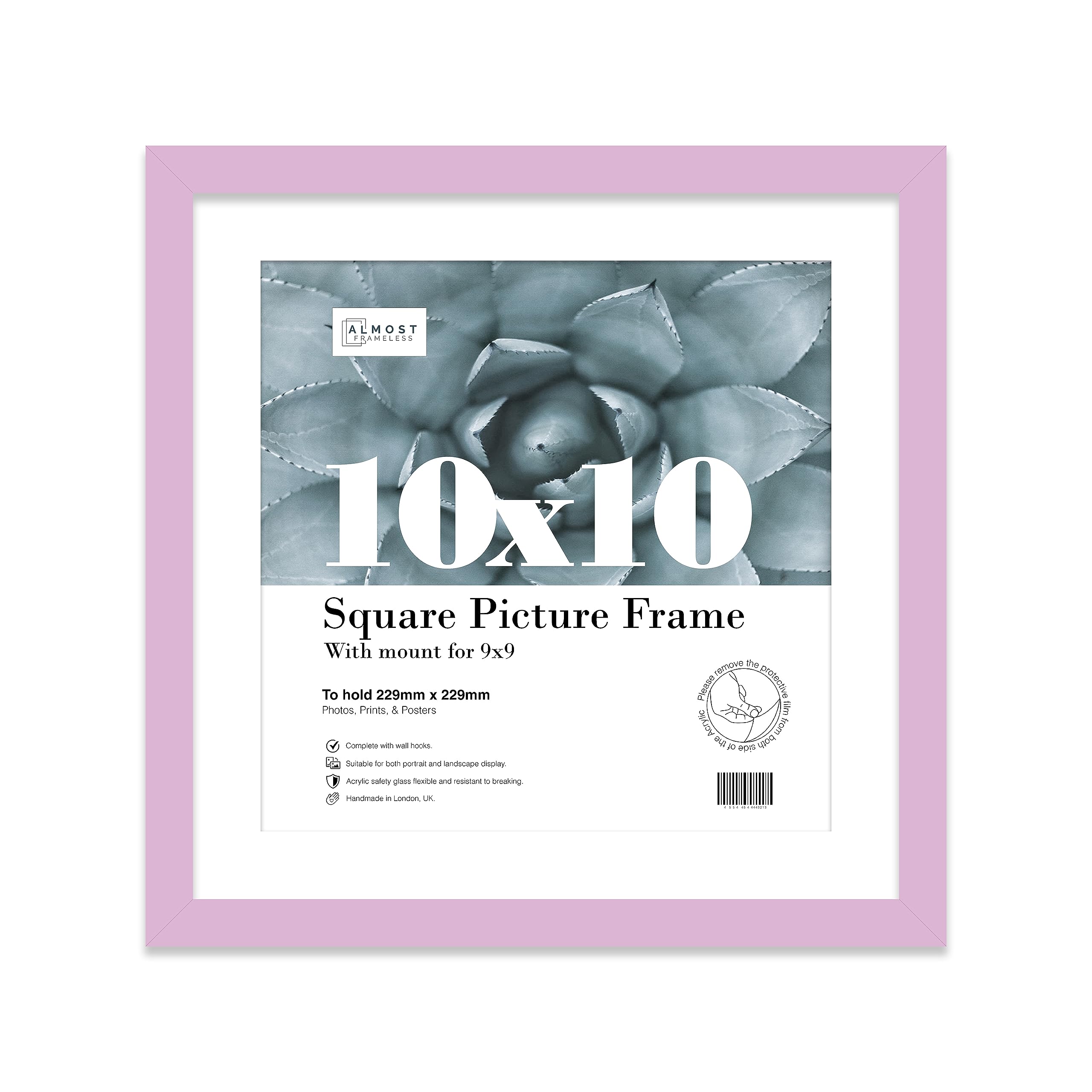 Almost Frameless 10x10 Picture Frame, Display Pictures 9x9 With Mat or 10x10 Without Mat, Wall Hanging & Free Standing Photo Frame, Lilac, 1 Pack