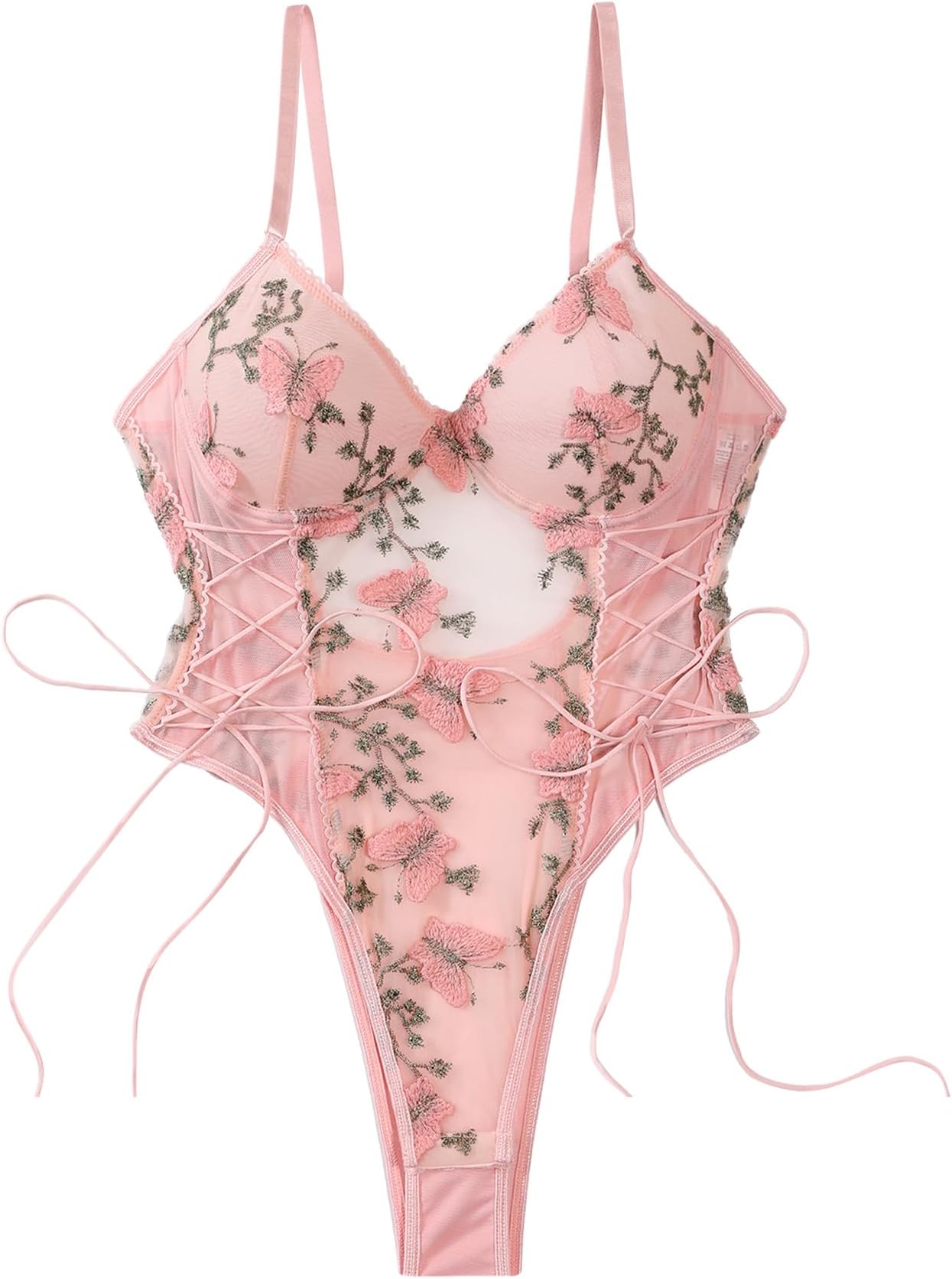 Women Sexy Lace Up Floral Embroidered Teddy Lingerie Bodysuit Top Mesh Sheer One Piece