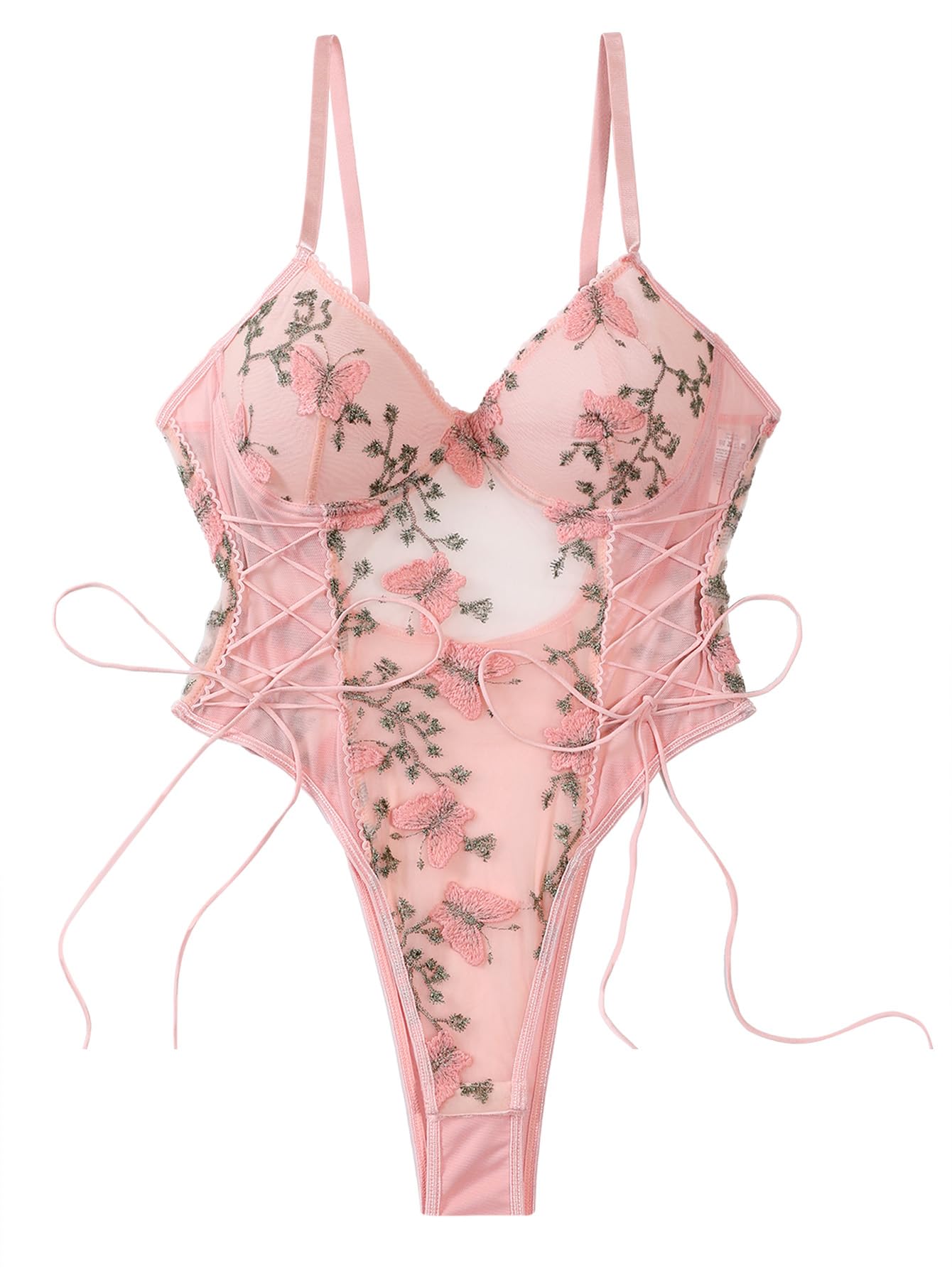 Women Sexy Lace Up Floral Embroidered Teddy Lingerie Bodysuit Top Mesh Sheer One Piece