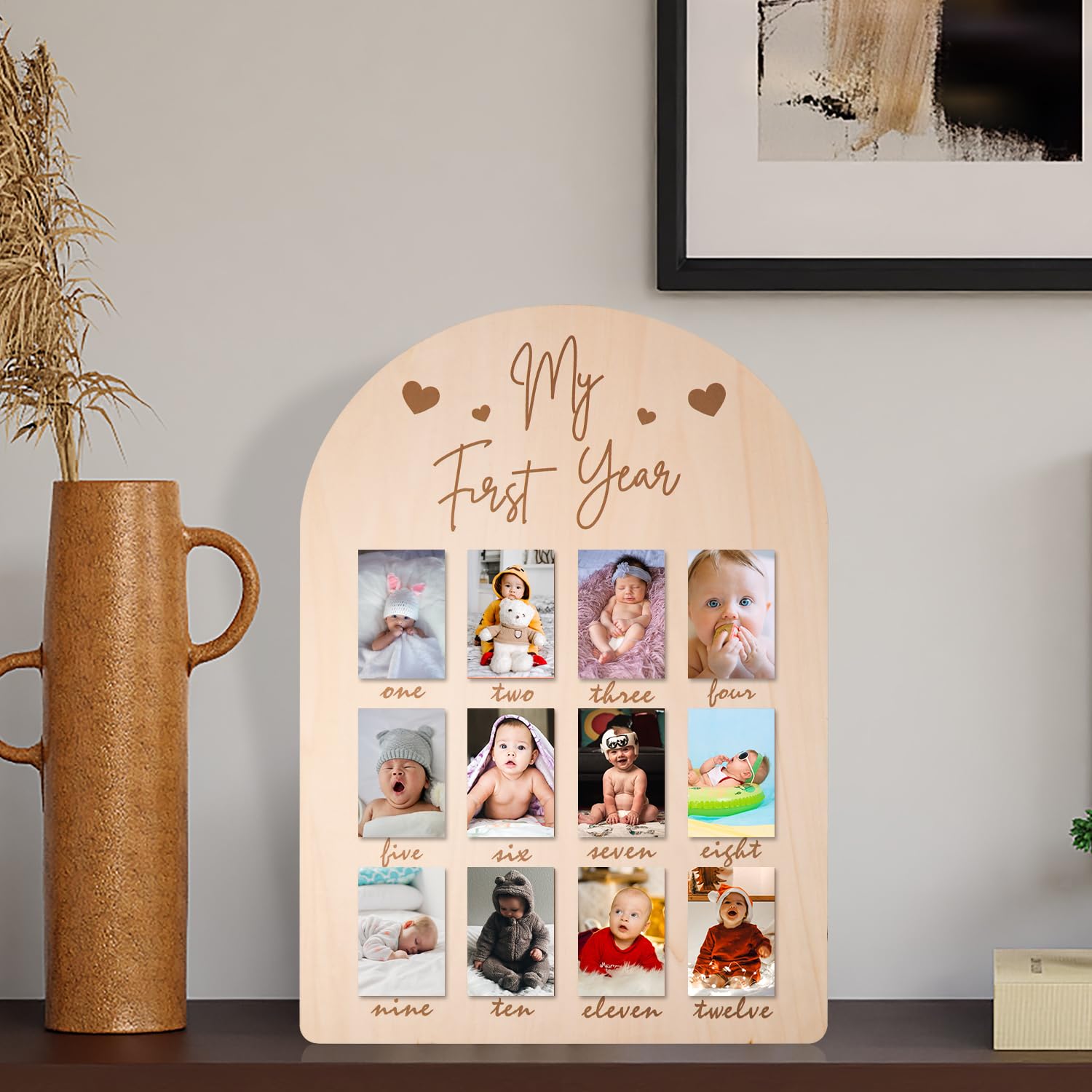 PEUTIER Tablero de Madera para Exhibición de Fotos de mi Primer Año, Marco de Fotos de 12 Meses para Recién Nacidos Marcos Fotos Recién Nacidos para Decoración de Cumpleaños de Bebé