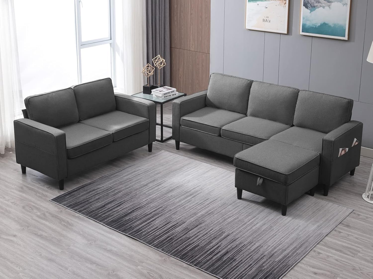 ijuicy 2PCS Sectional Sofa Set w/Ottoman,Modern Linen 5 Seater Couch Set with Movable Storage Ottoman & Side Pockets,3 Seat L Shaped Couch and