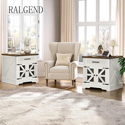Miniatura 3 de Juego de 2 mesas auxiliares blancas de granja, mesa auxiliar grande para sofá de 24 pulgadas con cajón, mesa auxiliar grande para sala de estar,