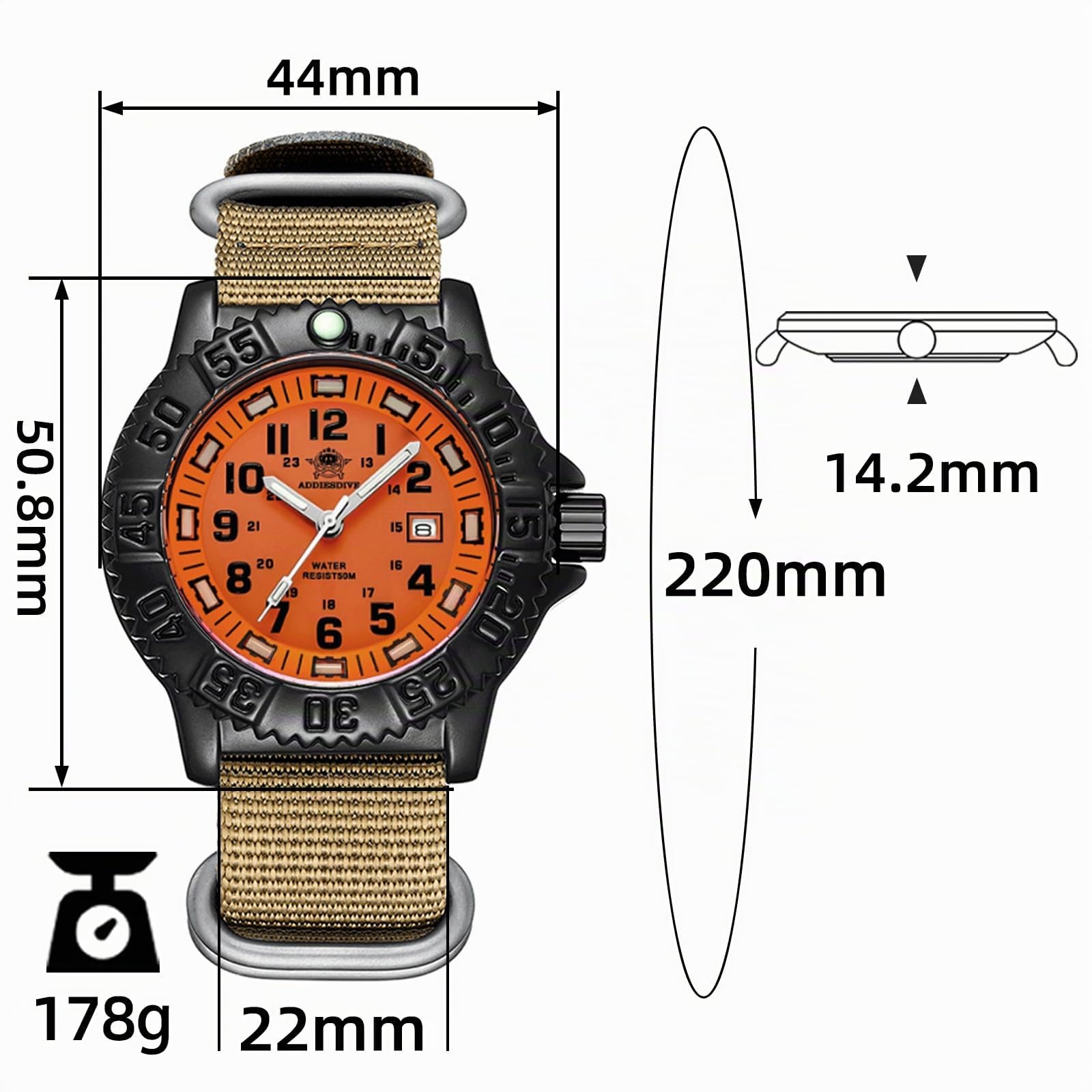 ADDIESDIVE Reloj para hombre con carcasa de aleación mineral, analógico, de cuarzo, bisel giratorio, luminoso, militar, con pulsera de acero inoxidable, correa de nailon verde oliva/caqui