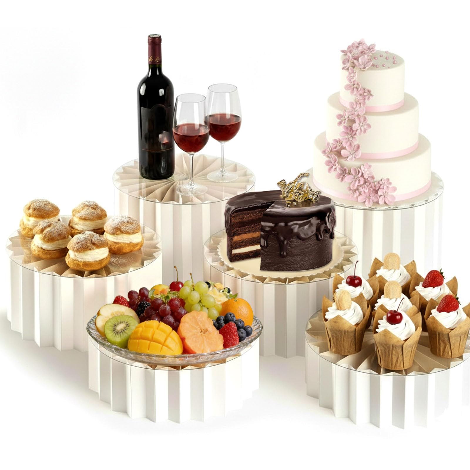 CAAGGMM Buffet Risers, 6 Pack Foldable Dessert Display Risers, Cake Cupcake Stands with Round Acrylic Plates, Dessert Tables, for Banquets, Weddings, and Birthday Parties