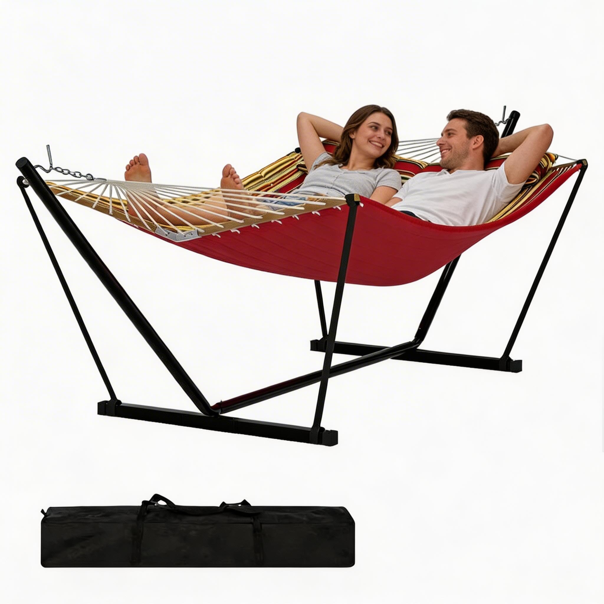 Garveelife Burgundy Brown Stripes Double Hammock With Stand,Including Carrying Bag&Pillow,2 Persons, 450Lbs, Easy Assembly,For Indoor,Yard,Camping,Pool,Or Outdoor-Wine Red Brown Yellow Stripe