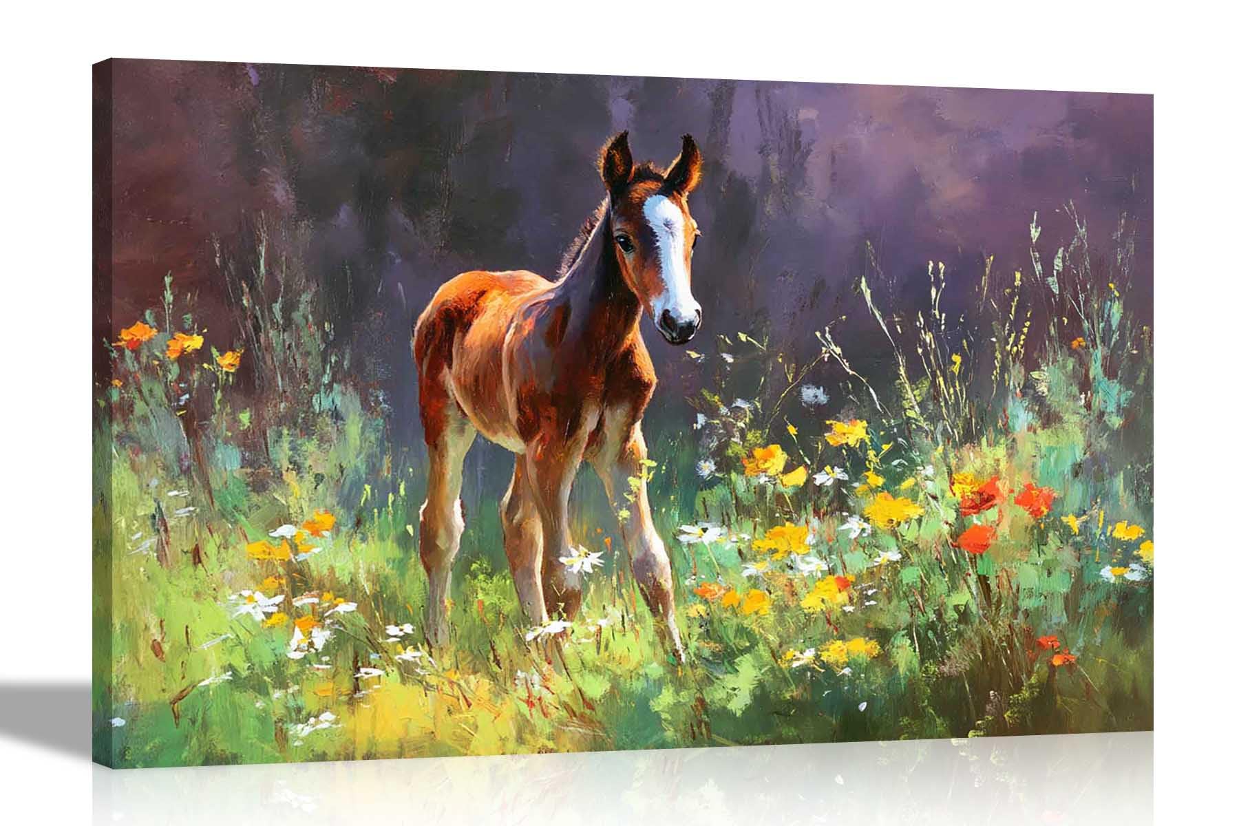 Artley Prints - Horse Colourful flowers Canvas Wall Art Botanical Prints For Office Home Hallway Hanging Decoration 51 x 35cm (20 x 14 inches)