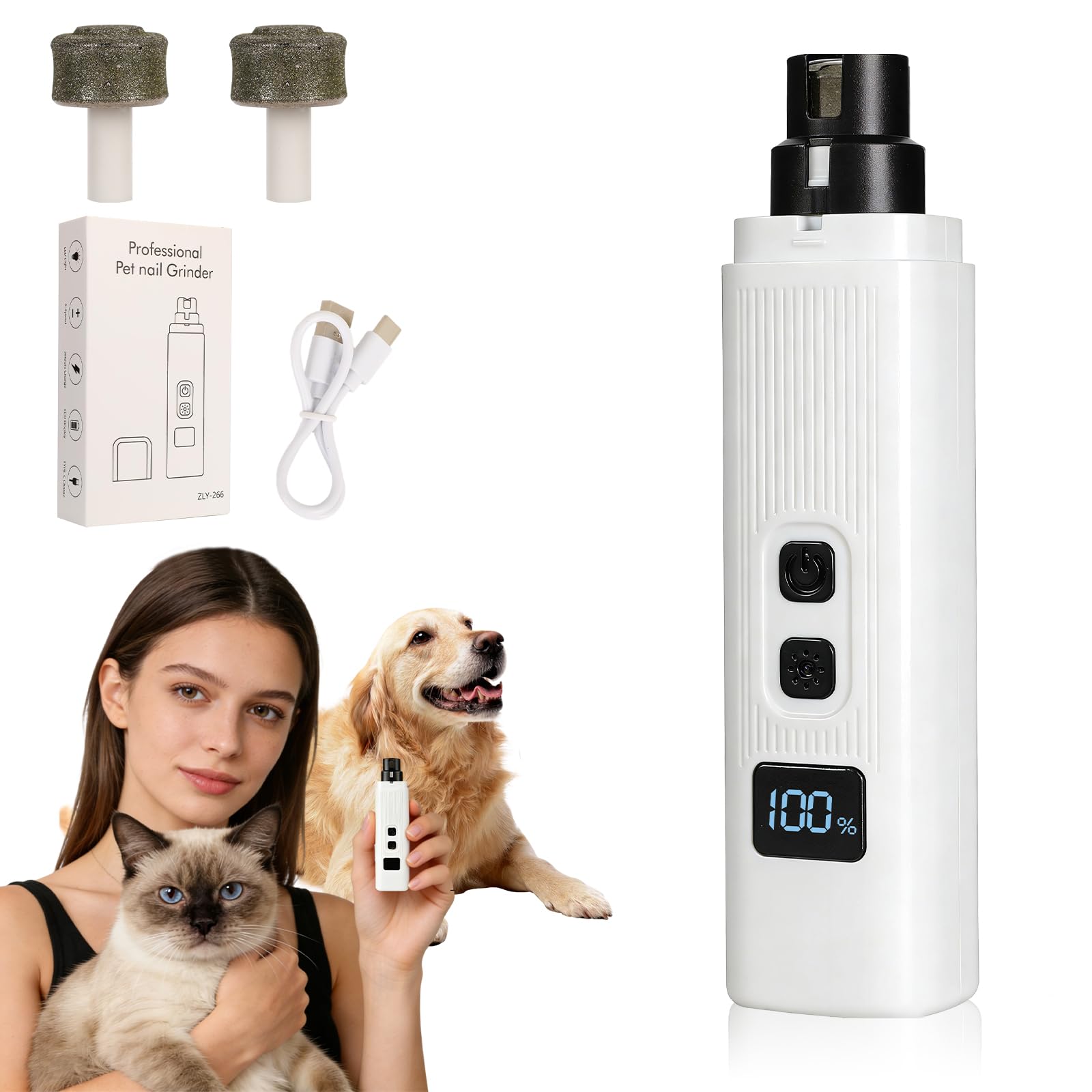 Cat Nail,2-Speed Electric Pet Nail Grinder, Safe Cut Cat Nail Trimmer Rechargeable Dog Nail Clippers with Light, Cat Nail Claw Clippers,Low-Vibration Ultra-Quiet for All Cats ＆Dogs (White)