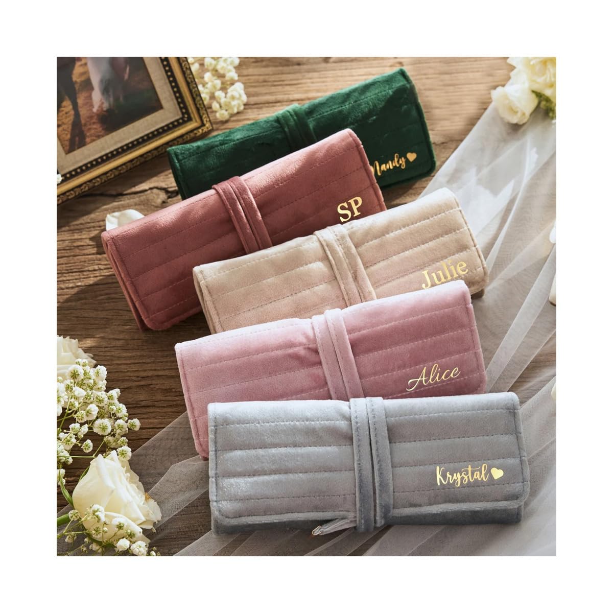 DJAFS Personalized Velvet Jewelry Rolls, Custom Luxury Jewelry Travel Organizer, Wedding Favors, Travel Jewelry Case, Bridesmaid Gifts, Monogrammed Jewelry Roll, Valentine's Gifts for Her