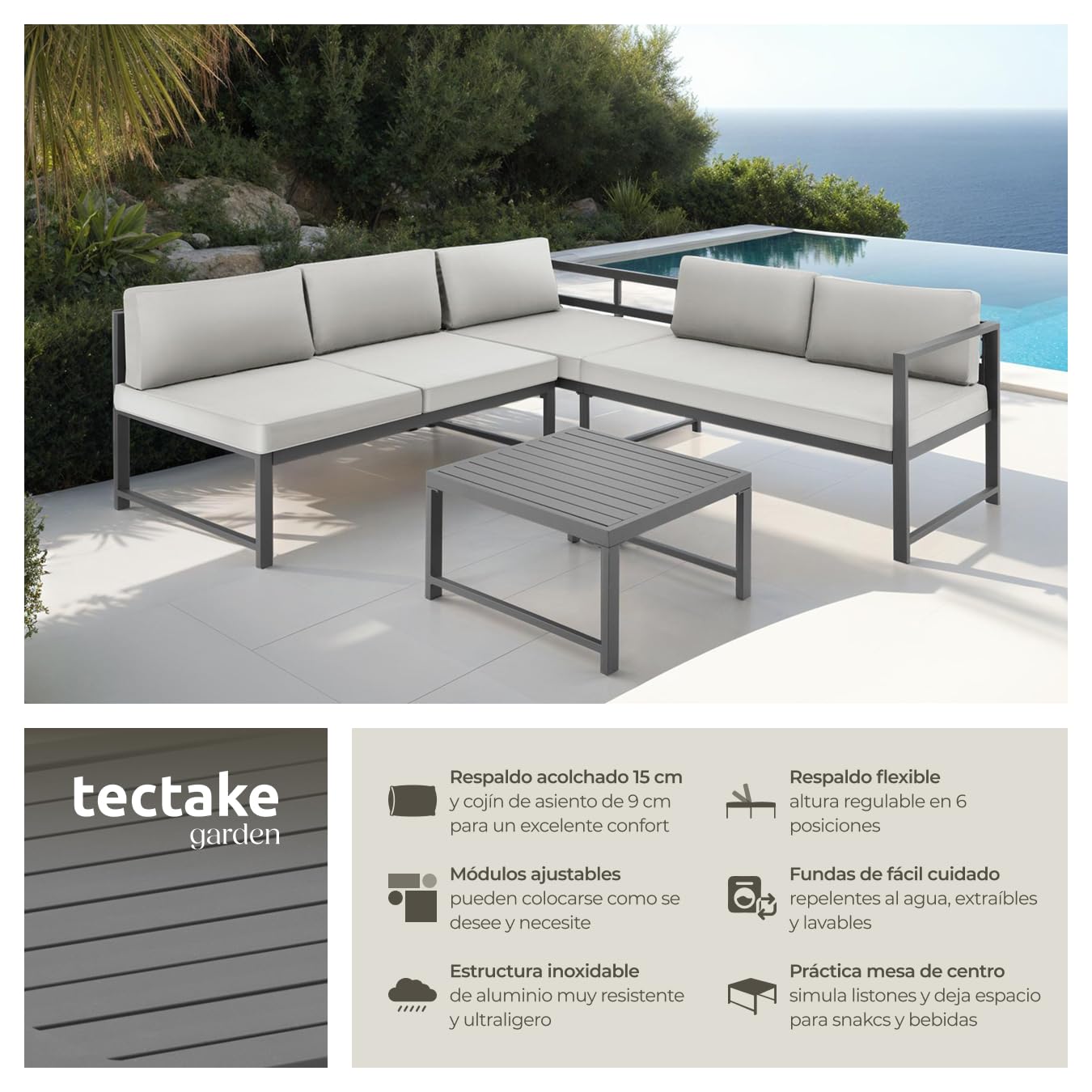 tectake® Conjunto de Muebles de Jardín, Sofa Exterior, Mesa de Exterior, Aluminio Ligero, Cojines Impermeables, Muebles Terraza, Sofá Exterior, Fácil de Limpiar, Resistente a la Intemperie - Gris