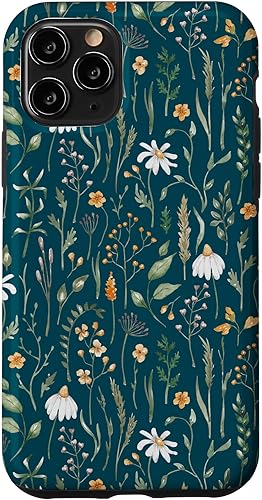 Funda para iPhone 11 Pro Verde Tierra Boho Wildflower Meadow Botanical (pavo real oscuro)