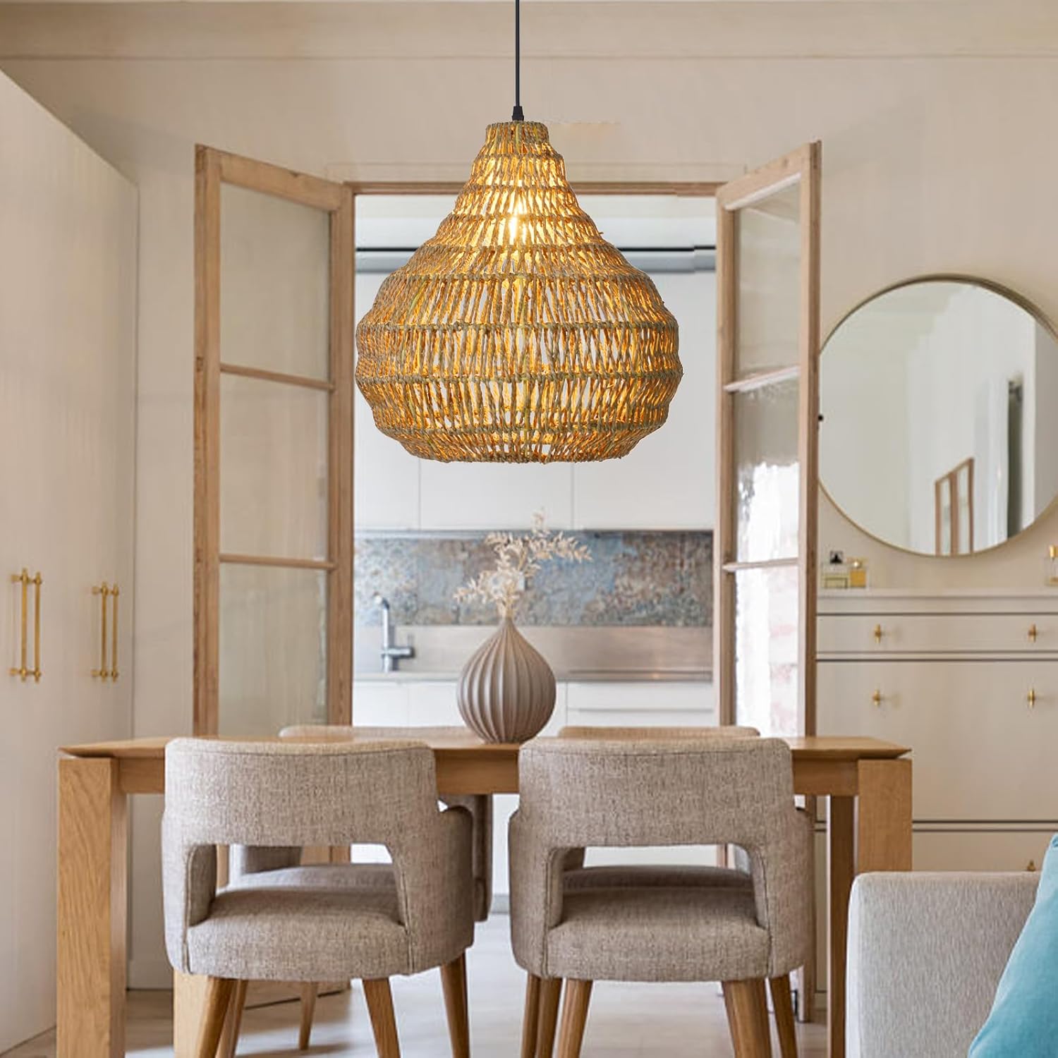 1 Light Farmhouse Seagrass Wicker Chandelier for Dining Room, Handmade Rustic 15.74''W Pendant Lamp Shade, Natural Woven Hanging Ceiling Light Fixture for Kitchen Bars Restaurants