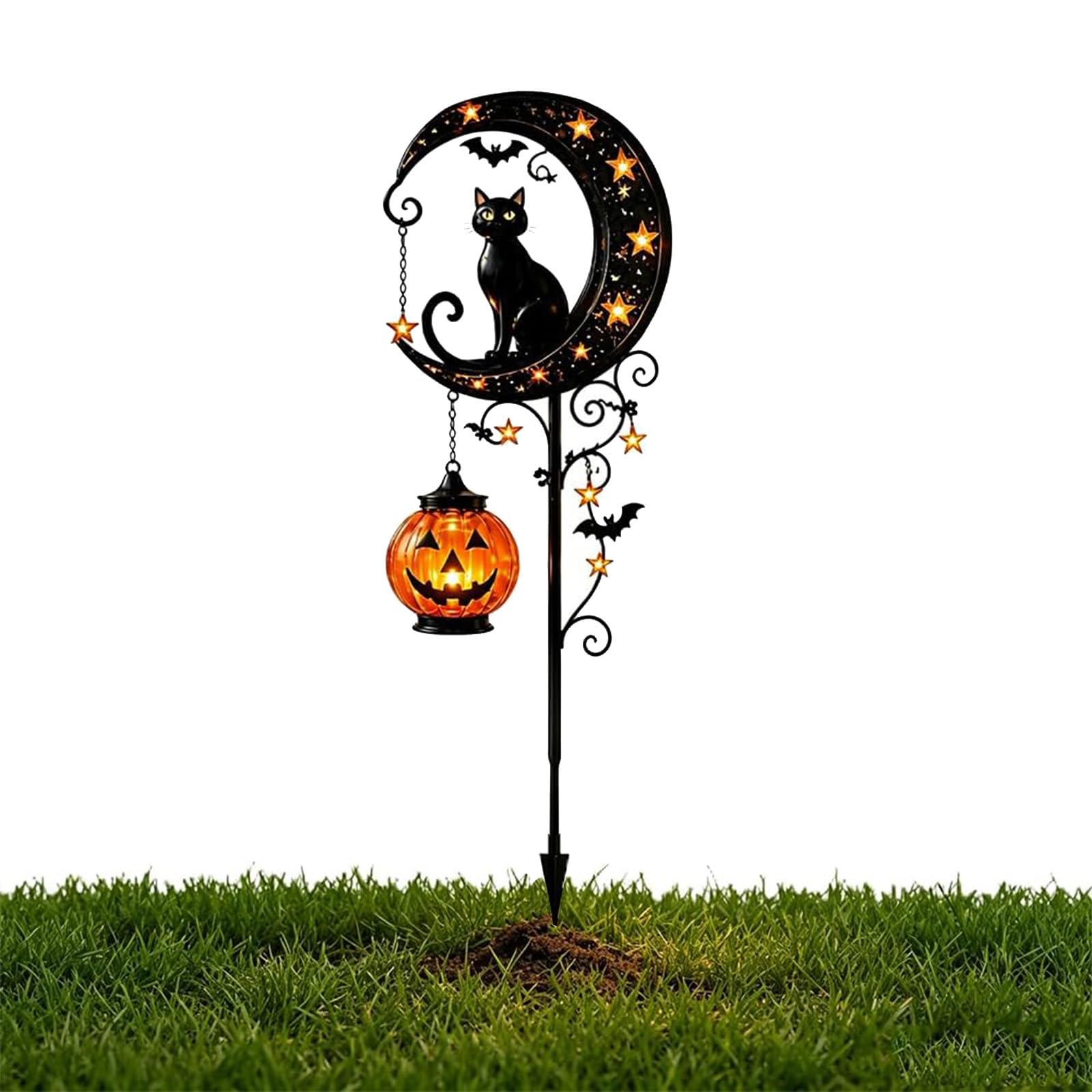 Pealeaf Solar Halloween Black Cat & Pumpkin Moon Garden Stake Light, Outdoor Waterproof LED Yard Decoration with Crescent Moon, Hanging Jack-o'-Lantern Lantern for Garden, Patio, Walkway, Porch (C1)