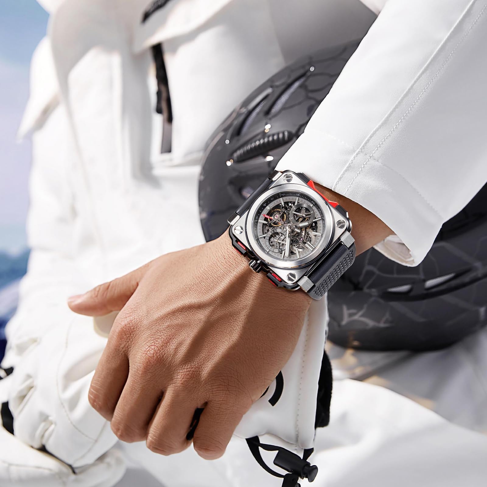 FEICE FM507 Orologio da polso automatico da uomo con scheletro automatico e calendario meccanico, orologio da polso quadrato sportivo, orologio luminoso impermeabile 10 ATM, sport