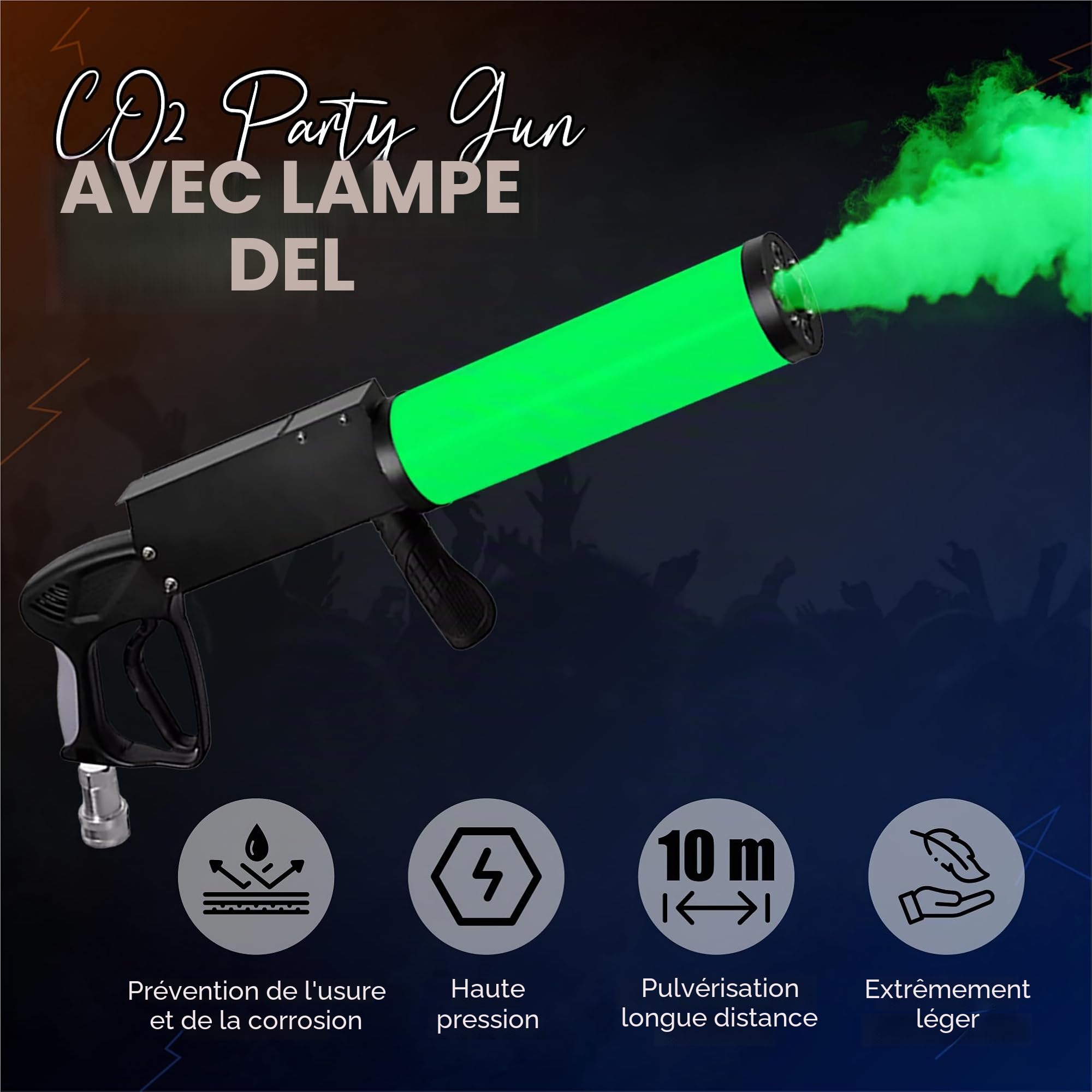 Pistolet à CO2 pour fête avec une portée de 6m | Câble de 3m + Tuyau de sortie sans givre | Canon/Pistolet DJ CO2 de haute qualité | Convient pour DJ, club, scène, et la mise en scène | Jet Machine