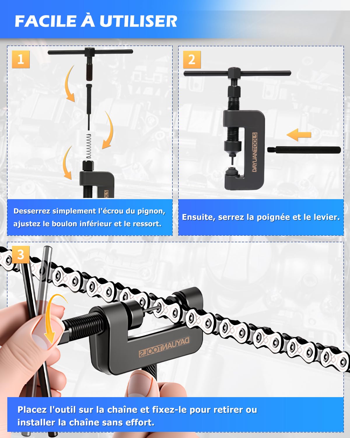 DAYUAN Outil de rivetage pour chaîne de moto, ensemble d'outils de chaîne de moto, outil de séparation et de rivetage pour chaîne de moto, outil de rivetage pour moto, séparateur de chaîne de moto