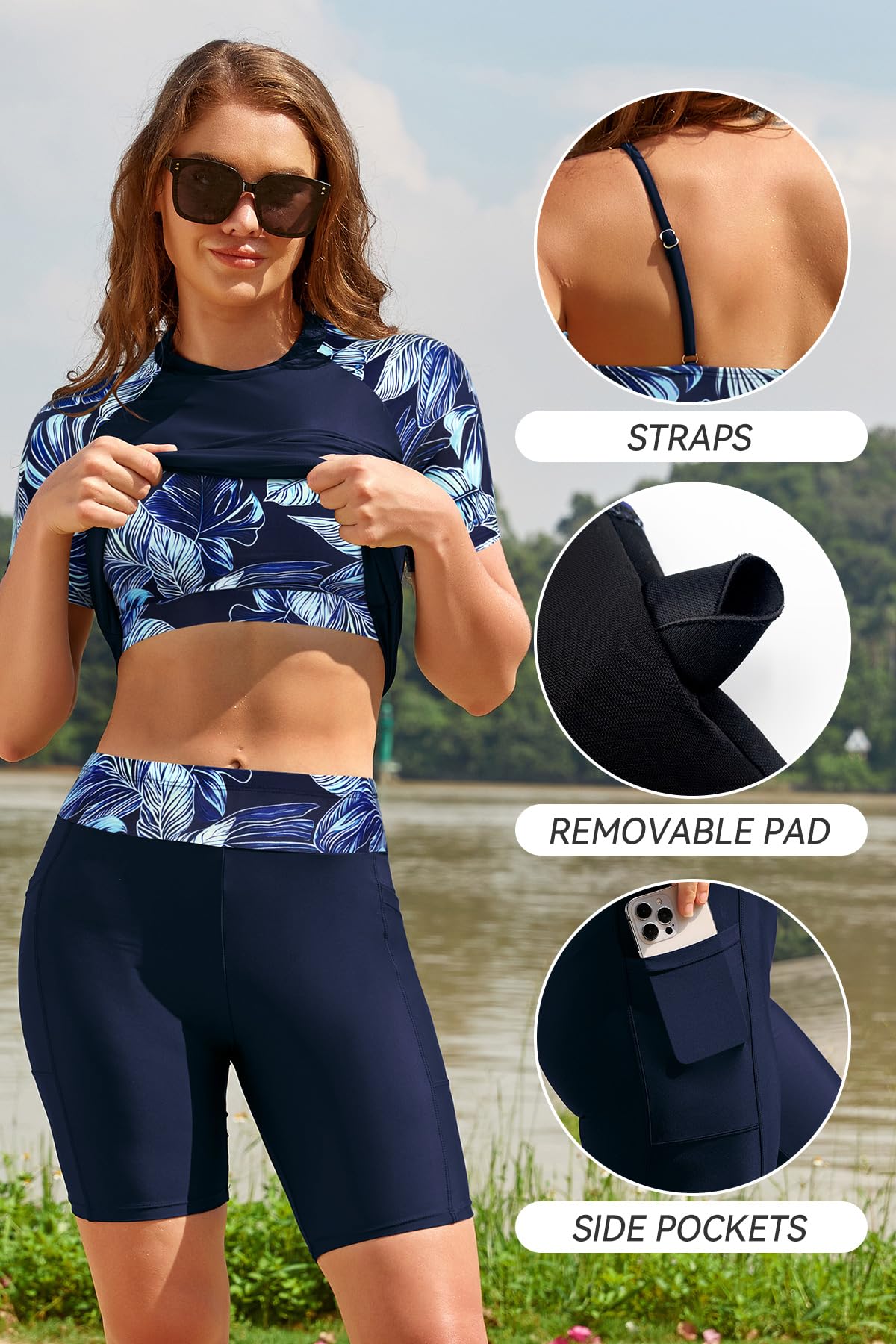 SHEKINI 3-teiliges Rashguard-Set für Damen, LSF 50+, UV-Schutz, kurzärmelig, Sport-BH, Bikini-Oberteil mit Boyshort Hose, Badeanzüge, bescheidene Badebekleidung