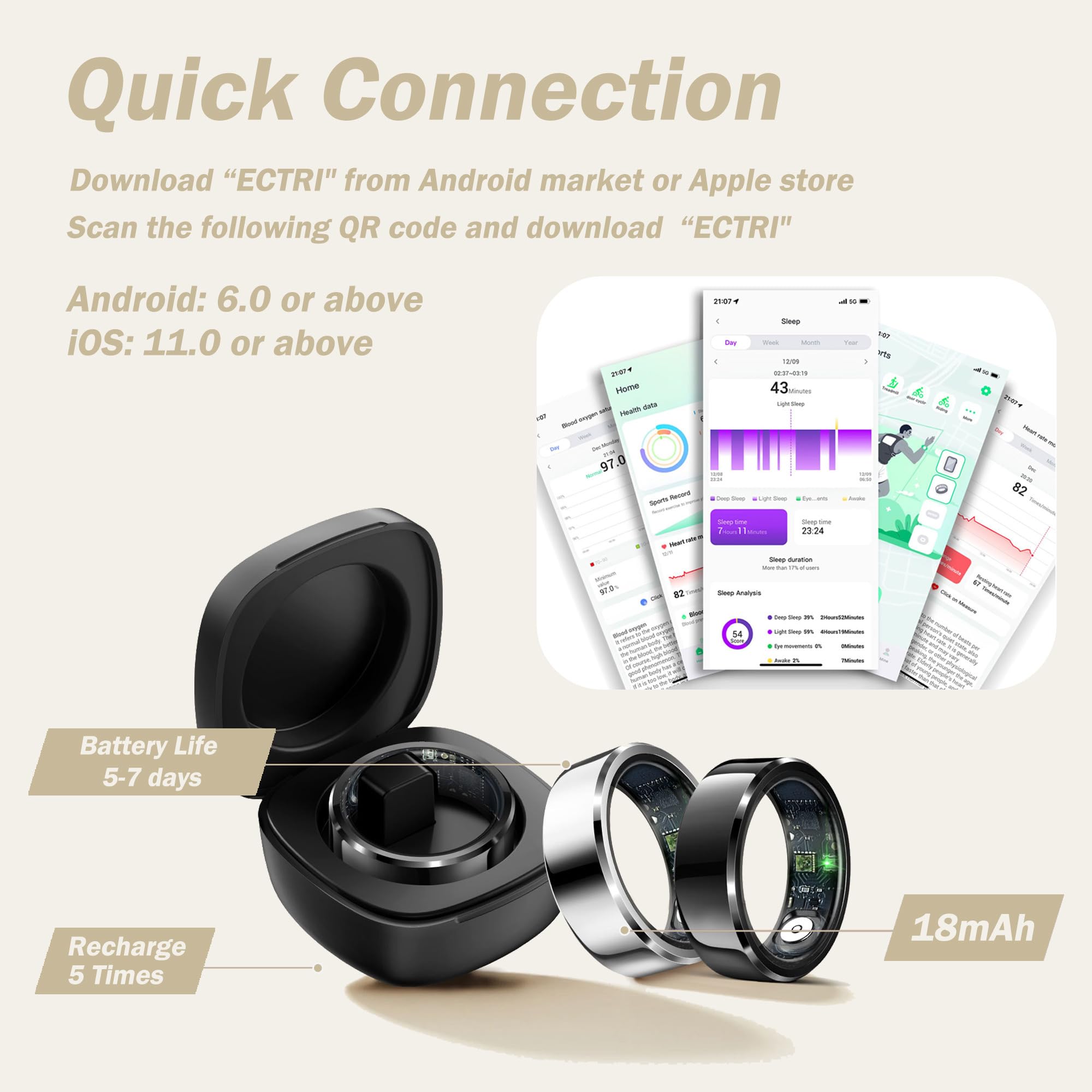 Anillo inteligente de salud, resistente al agua, monitor de frecuencia cardíaca, contador de pasos, calorías, podómetro, distancia, seguimiento del sueño, batería de larga duración, para deportes iOS