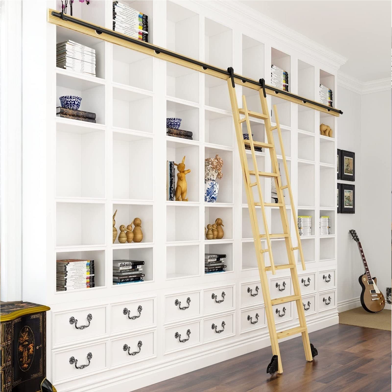 Kit Di Ferramenta Scala Della Libreria Rotolamento - Set Ferramenta Di Binario Porta Scorrevole, Accessorio Per Binario Per Scale Mobile Nero (con Rulli A Pavimento), Adatto Per LOFT/libreria