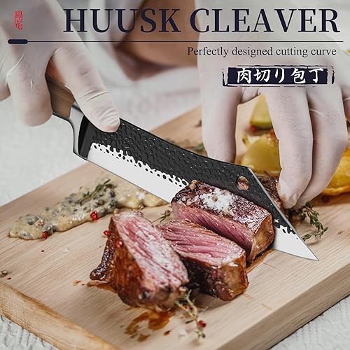 Miniatura 2 de Huusk Regalos de parrilla para hombres, cuchillo de carnicero forjado a mano de alto carbono japonés vikingo tallado cuchillos para rebanar barbacoa