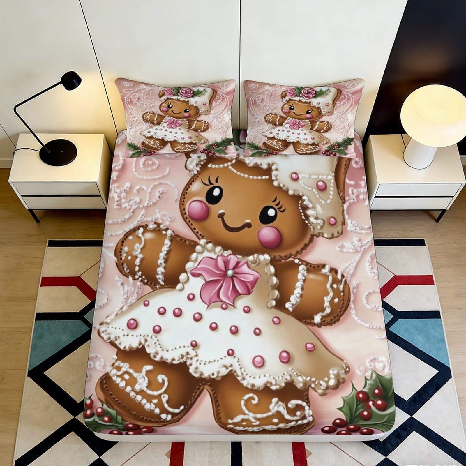 Jxqhbvmg Style-5 3D Printed Gingerbread Fitted Sheet Microfiber Deep Pocket Non-Slip Bedroom Bedding Gingerbread Mattress Fitted Cover Washable Adults Kids 90X200x25cm