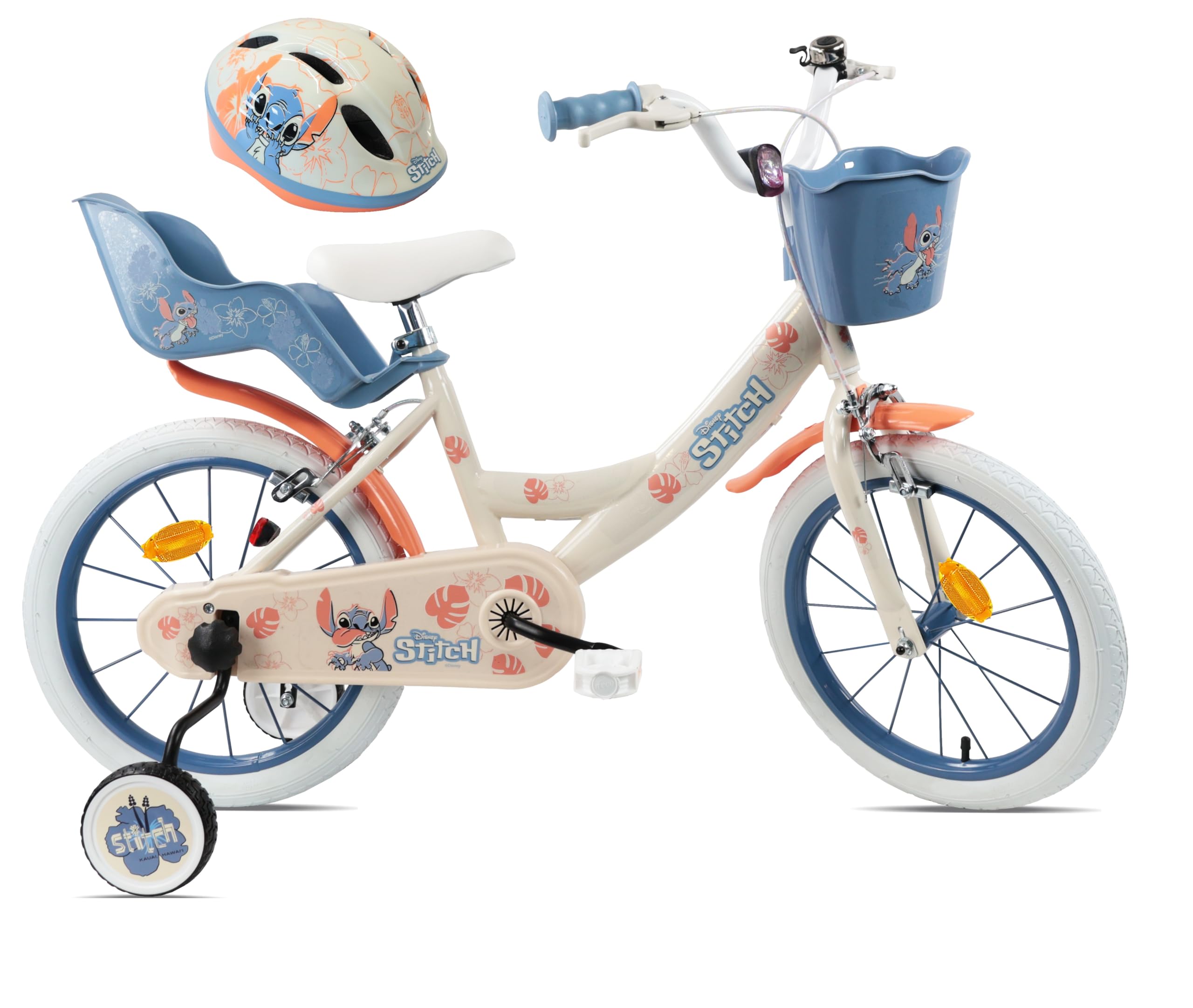 Vélo 16'' Fille avec Casque Leo & Stitch de Disney - 2 Freins Caliper - Pneus Gonflables - Panier Avant - Porte-poupée arrière - Garde-Boue 2 Stabilisateurs + Casque Stitch, Beige