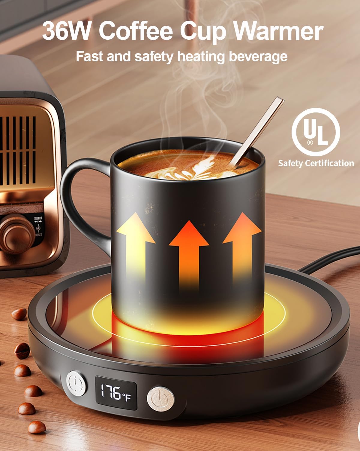 SWEETFULL Mug Warmer - Upgraded 36W Coffee Cup Warmer for Desk with 130?-176? Digital Display, 2-12H Timer Auto Shut Off, Smart Electric Coffee Heating Plate, Ideal Gifts for Women Men - Black