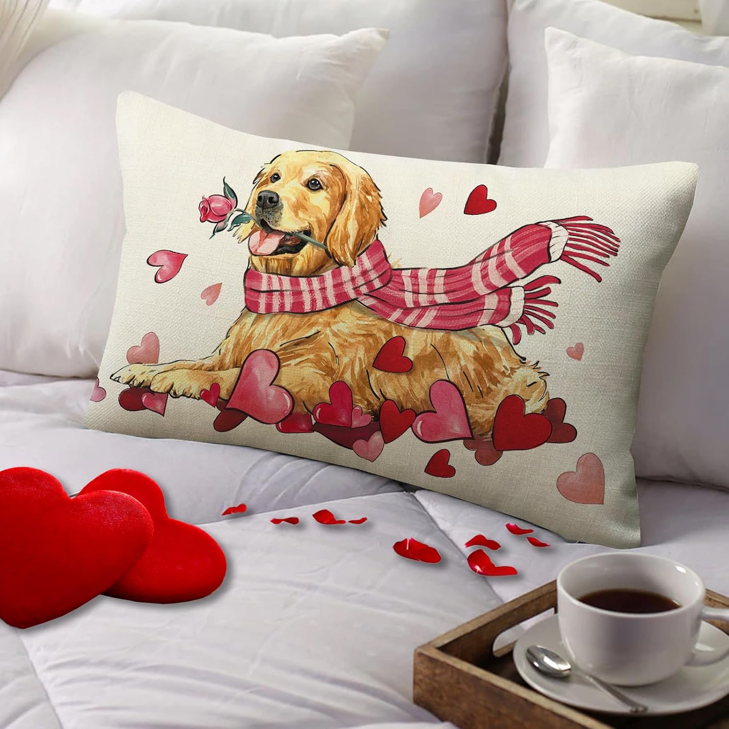 Fahrendom Valentine's Day Lumbar Decorative Rectangle Pillow Cover 12x20, Golden Retriever Dog Puppy Red Love Heart Porch Patio Outdoor Pillowcase, Anniversary Wedding Holiday Cushion Case Home Decor - Image 7