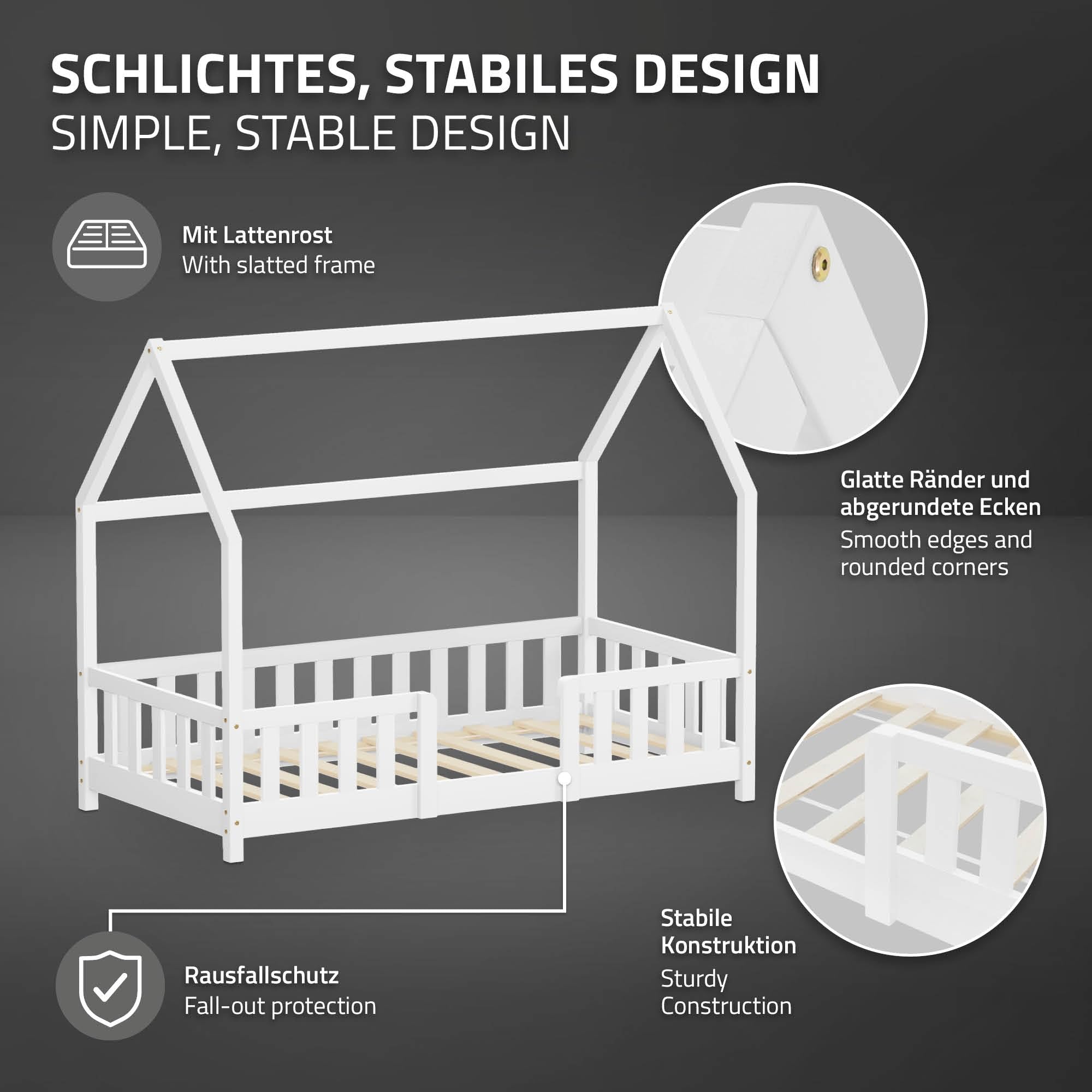 ML-Design Kinderbett Hausbett 80x160 cm mit Rausfallschutz, Dach & Lattenrost, Weiß, Bettgestell aus massivem Kiefernholz, Montessori Bodenbett, Holzbett für Mädchen & Jungen, Jugendbett, Einzelbett