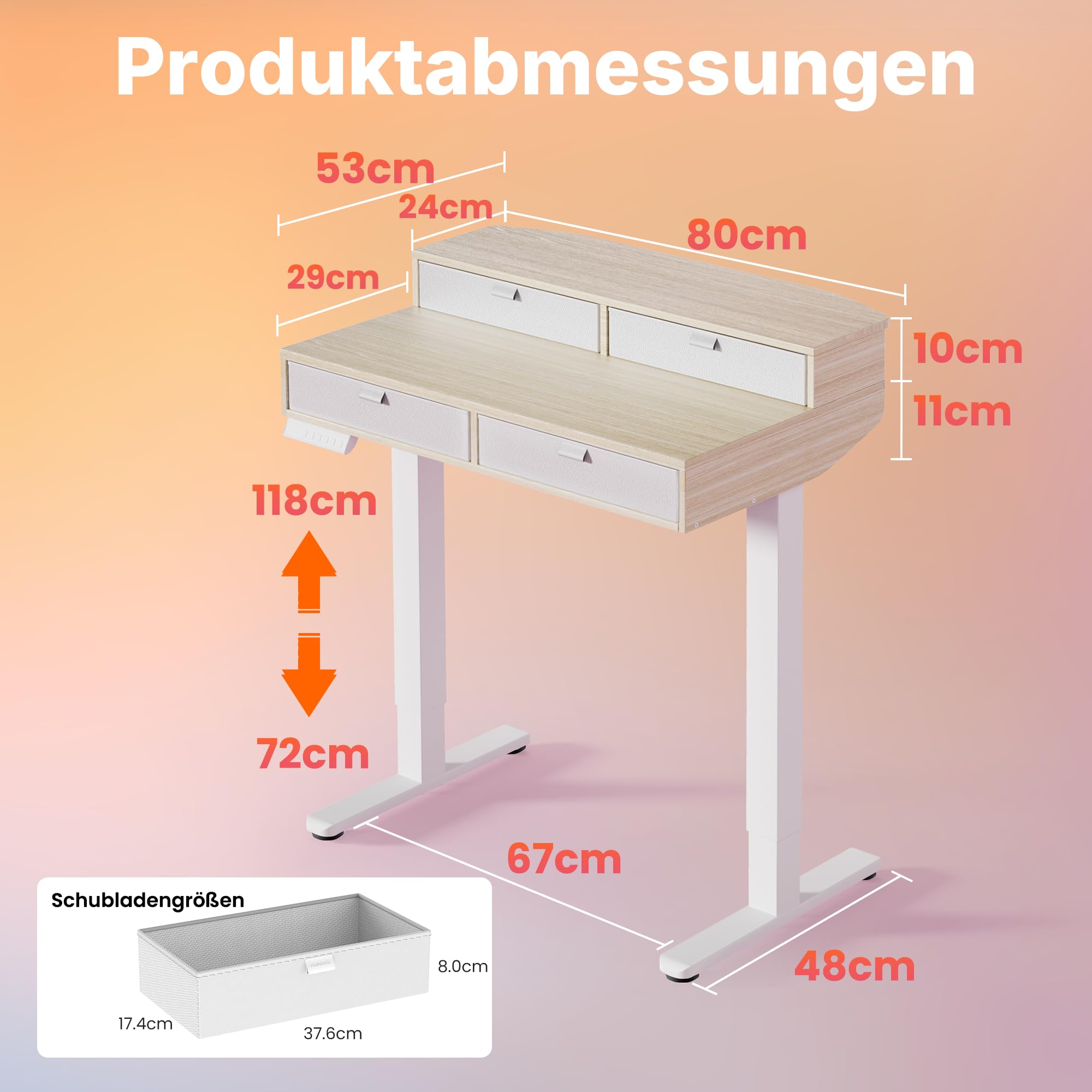 HUANUO 80 x 53 cm Höhenverstellbarer Schreibtisch mit Schubladen | kompatible C-Klemme-Halterung, 4 Gedächtnis-Höheneintellungen