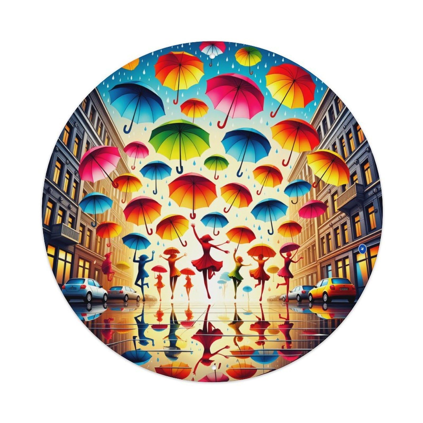 Colorful Umbrellas Dancing Rain Reflections Round Tin Sign Vintage Metal Poster, Home Bar Garage Man Cave Cafe Indoor & Outdoor Wall Decoration 8x8Inches