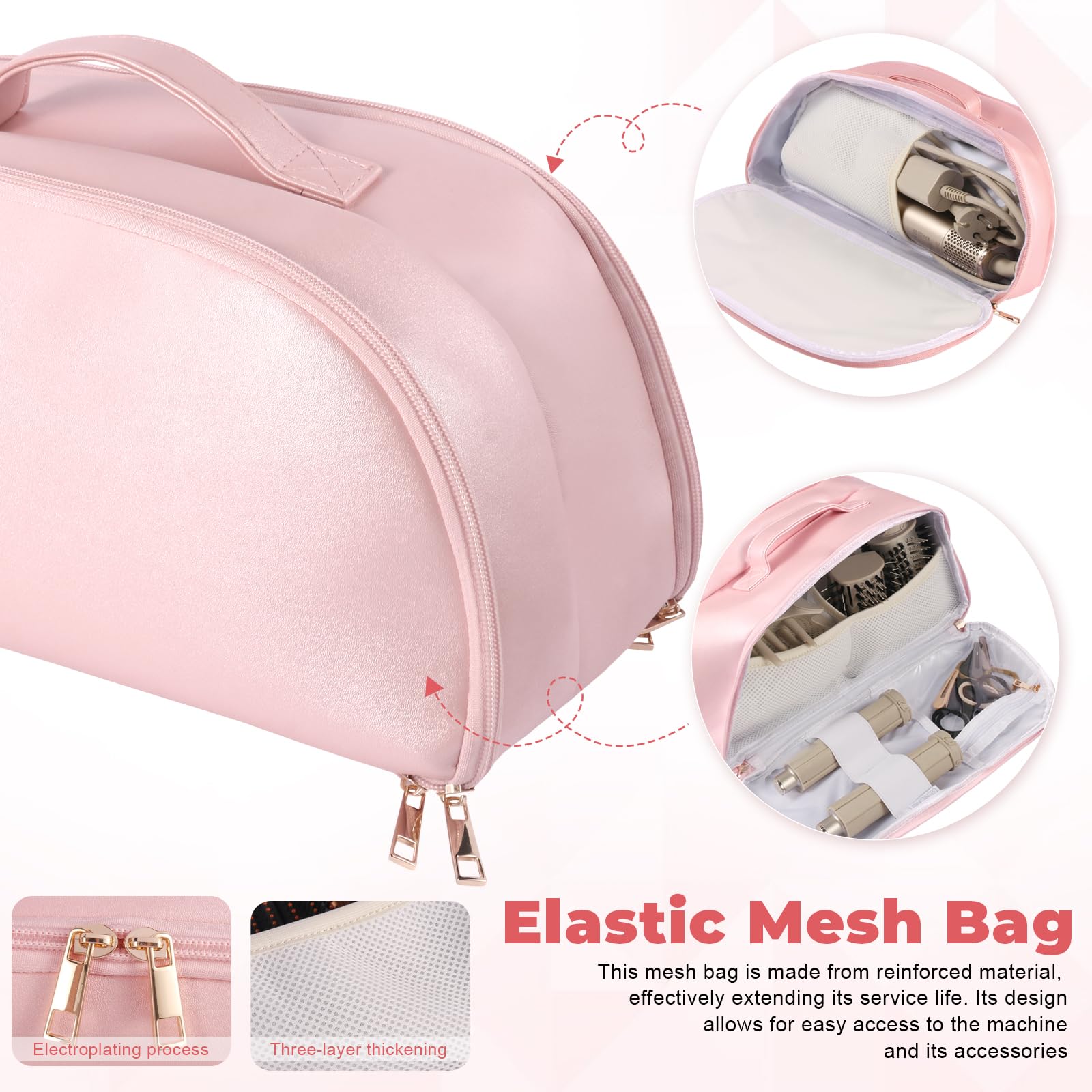 Leder-Reisetasche kompatibel mit Shark Flexstyle mit hitzebeständigem Pad, Tragetasche kompatibel mit Shark Glam/Fuison, tragbare Aufbewahrungstasche kompatibel mit Dyson Airwrap Pink