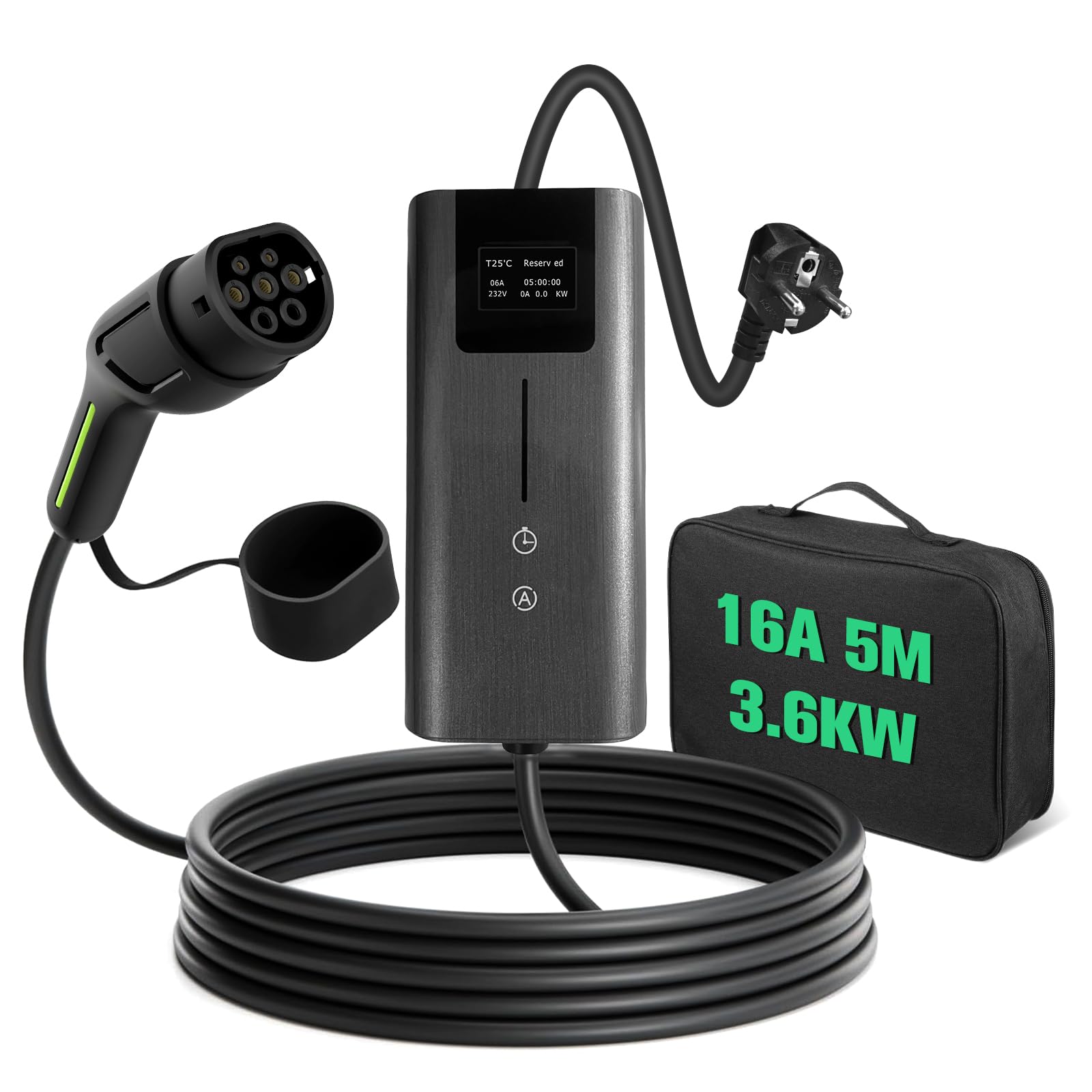 Junsun Cargador EV Portátil Tipo 2 3,6KW, Corriente Ajustable 8A-16A, Cargador para Coche Eléctrico con Cable 5M, Compatible con 220V-240V, Cable de Carga EV con Bolsa