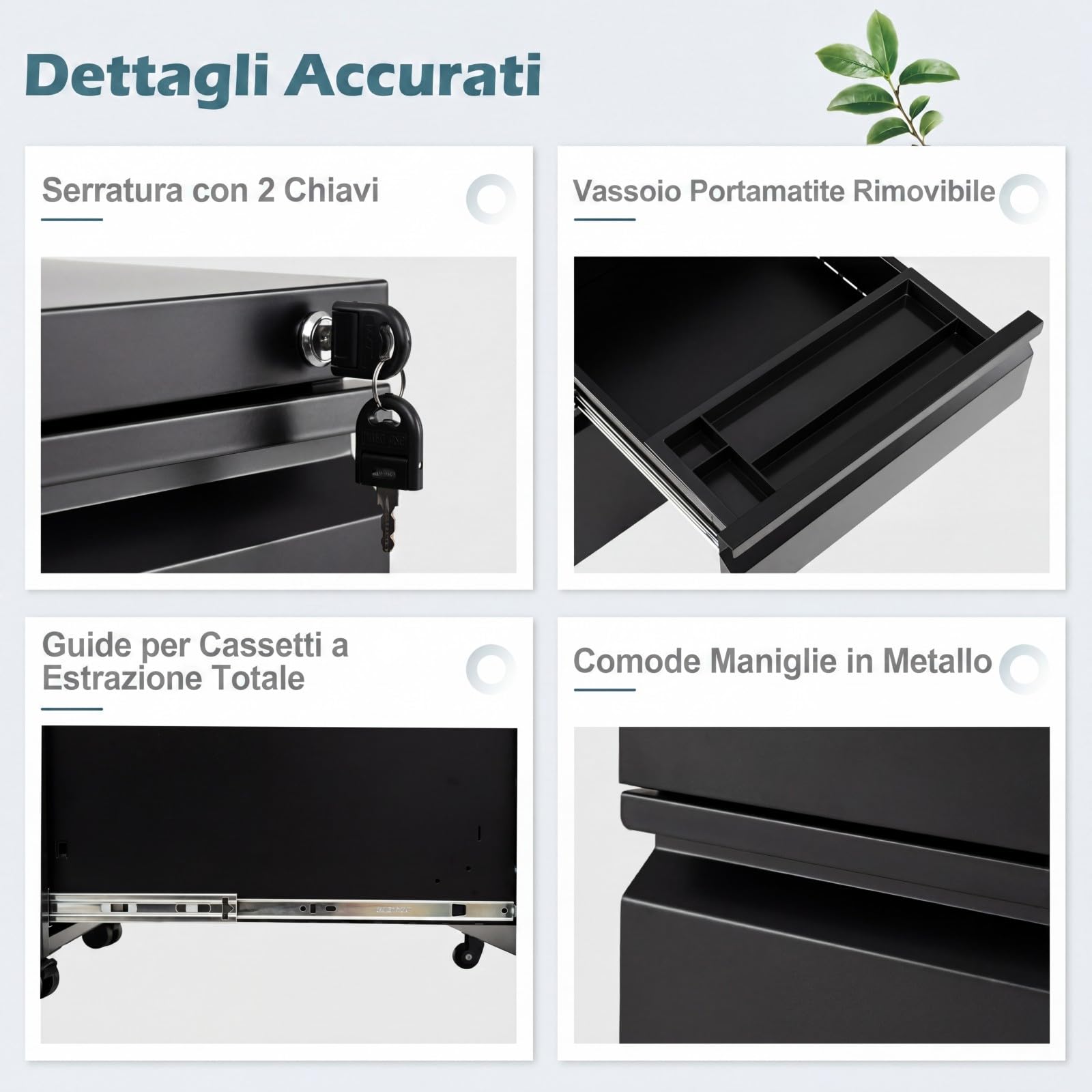 COSTWAY Cassettiera da Ufficio a 3 Cassetti, Mobiletto per Documenti con 5 Ruote e Serratura, Schedario da Ufficio in Acciaio per File Formato A4, Letter e Legal, 37 x 44 x 60,5 cm