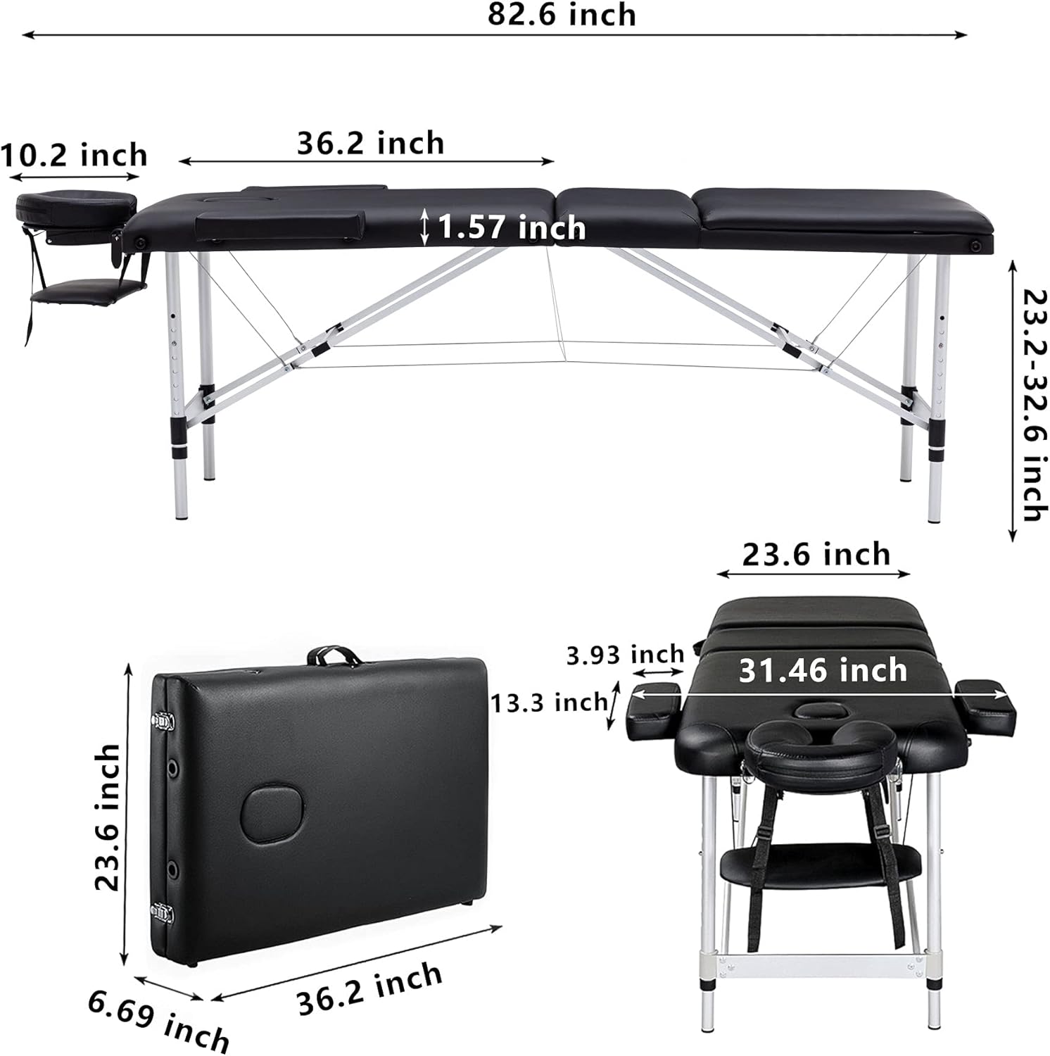 AWQM 72.4 Inch Massage Bed, with Carrying Case, 3 Folding Aluminum Frame,Height Adjustable, Massage Spa Tattoo Salon Bed,Black : Beauty & Personal Care