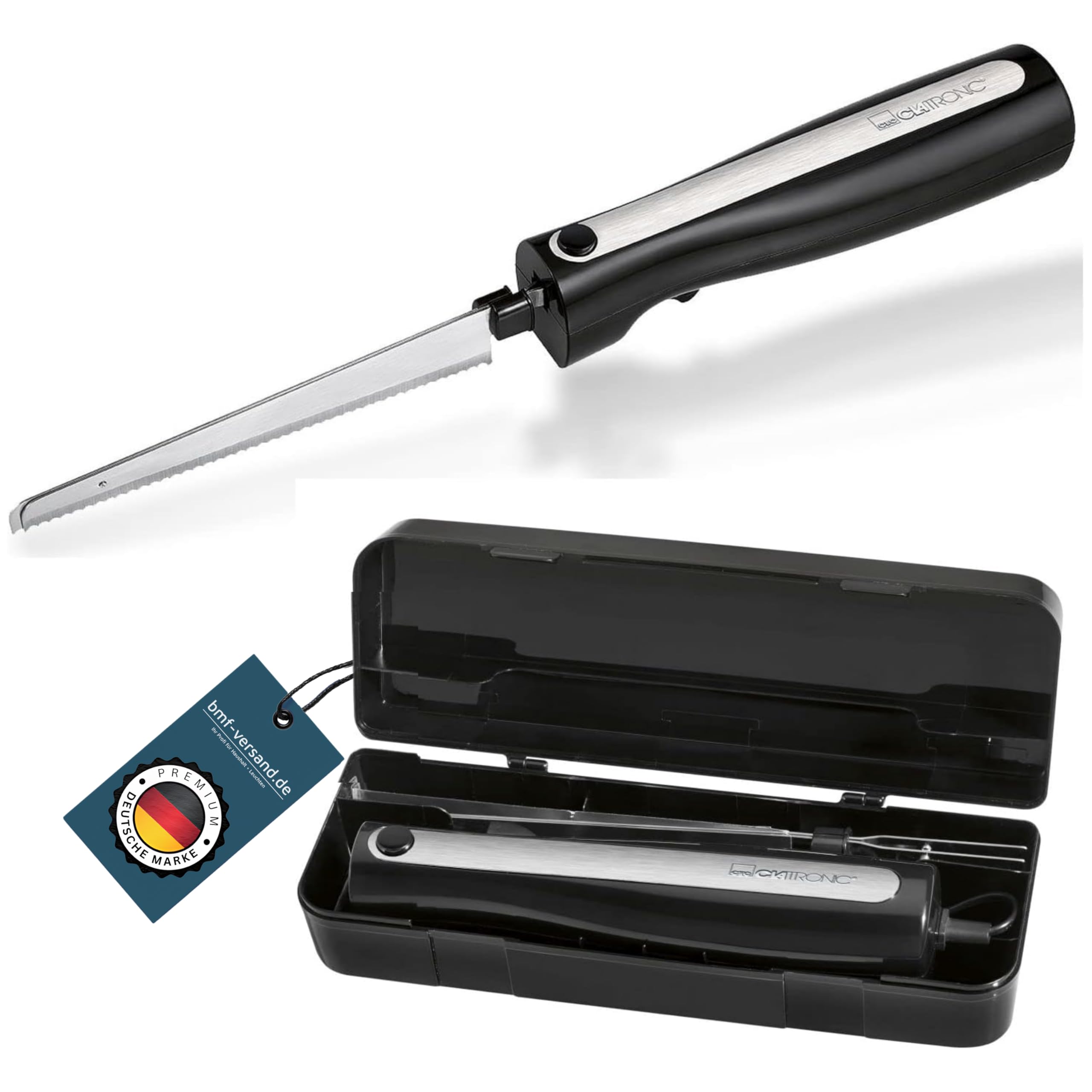Couteau électrique pour viande et pain avec double lame en acier inoxydable, boîte et chiffon d'entretien inclus - Couteau électronique Moteur puissant de 120 watts - Silencieux Inoxydable Noir