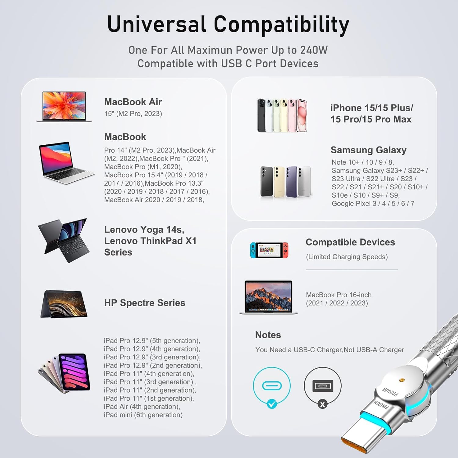 Cable USB C a USB C de 10 pies, 240 W, 2 unidades USB 2.0, cable de carga tipo C para iPhone 15, Samsung Galaxy S23, MacBook Pro 2020, iPad Pro, iPad Air 4, Pixel y más. Negro y rosa